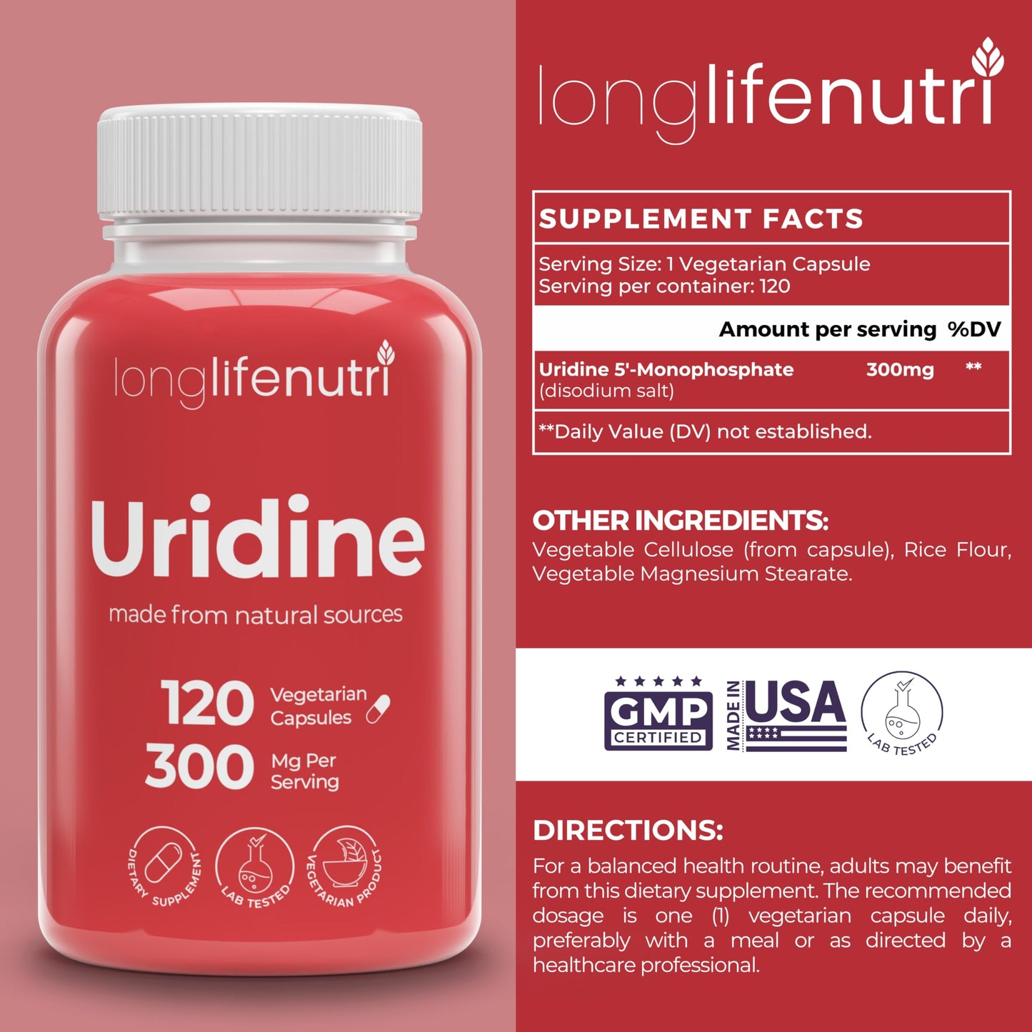 LongLifeNutri Uridine Monophosphate 300mg Capsule, 120 Vegetarian Capsules