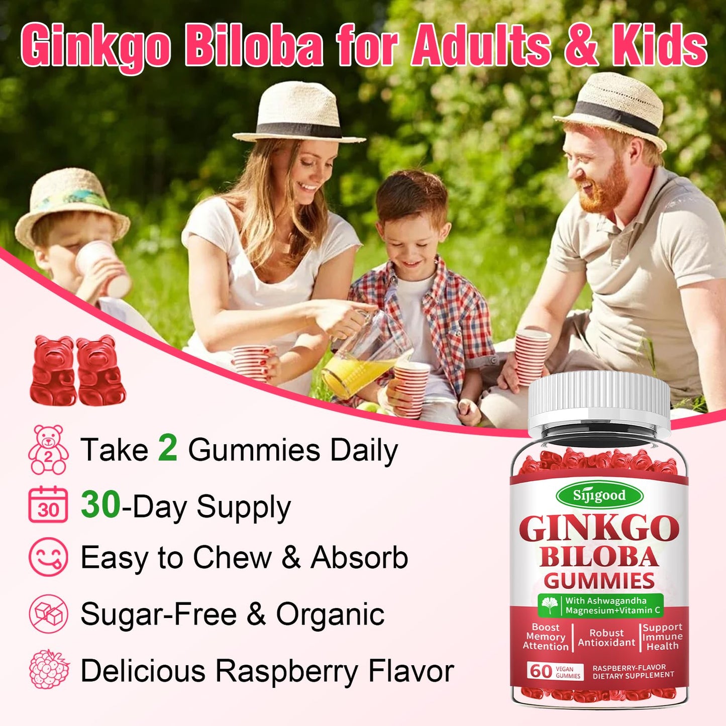 Sijigood Ginkgo Biloba Gummies with Panax Ginseng and Magnesium, Gummy, 60 Count