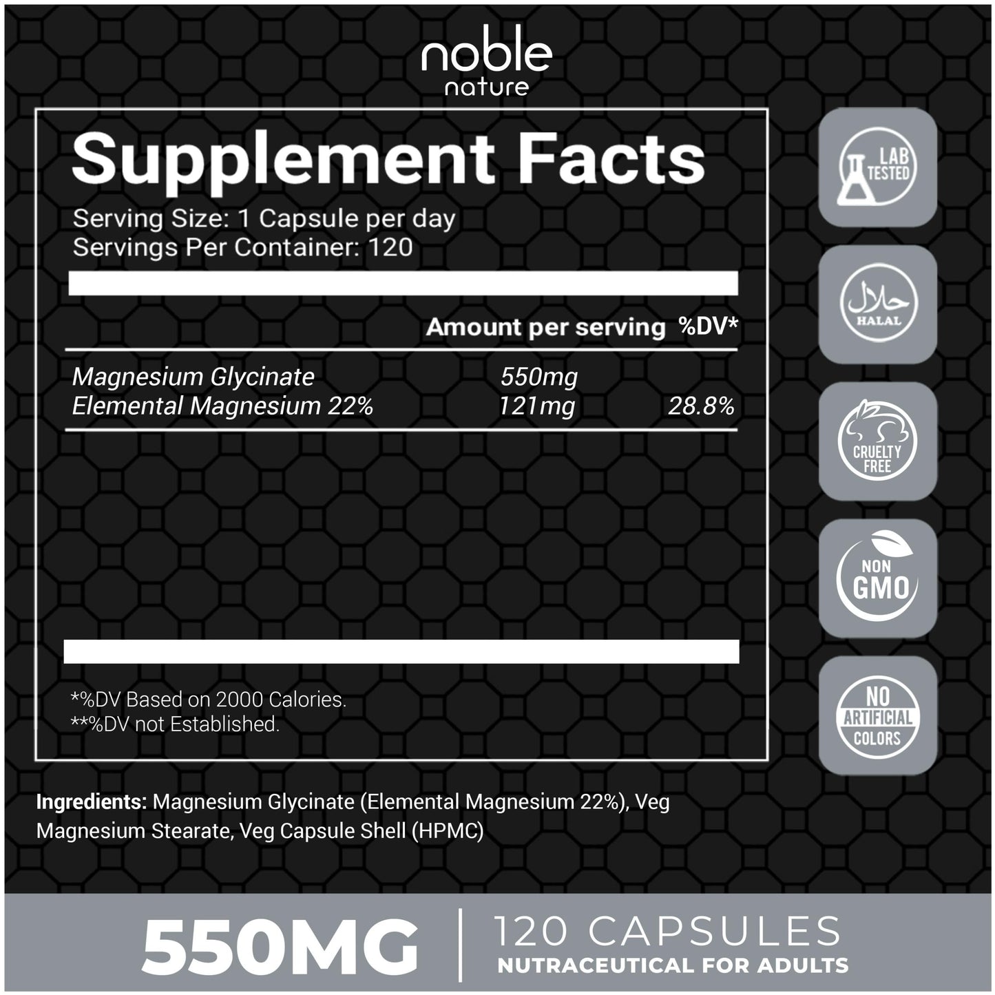 Noble Nature Magnesium Glycinate 550mg Capsule, 120 Count