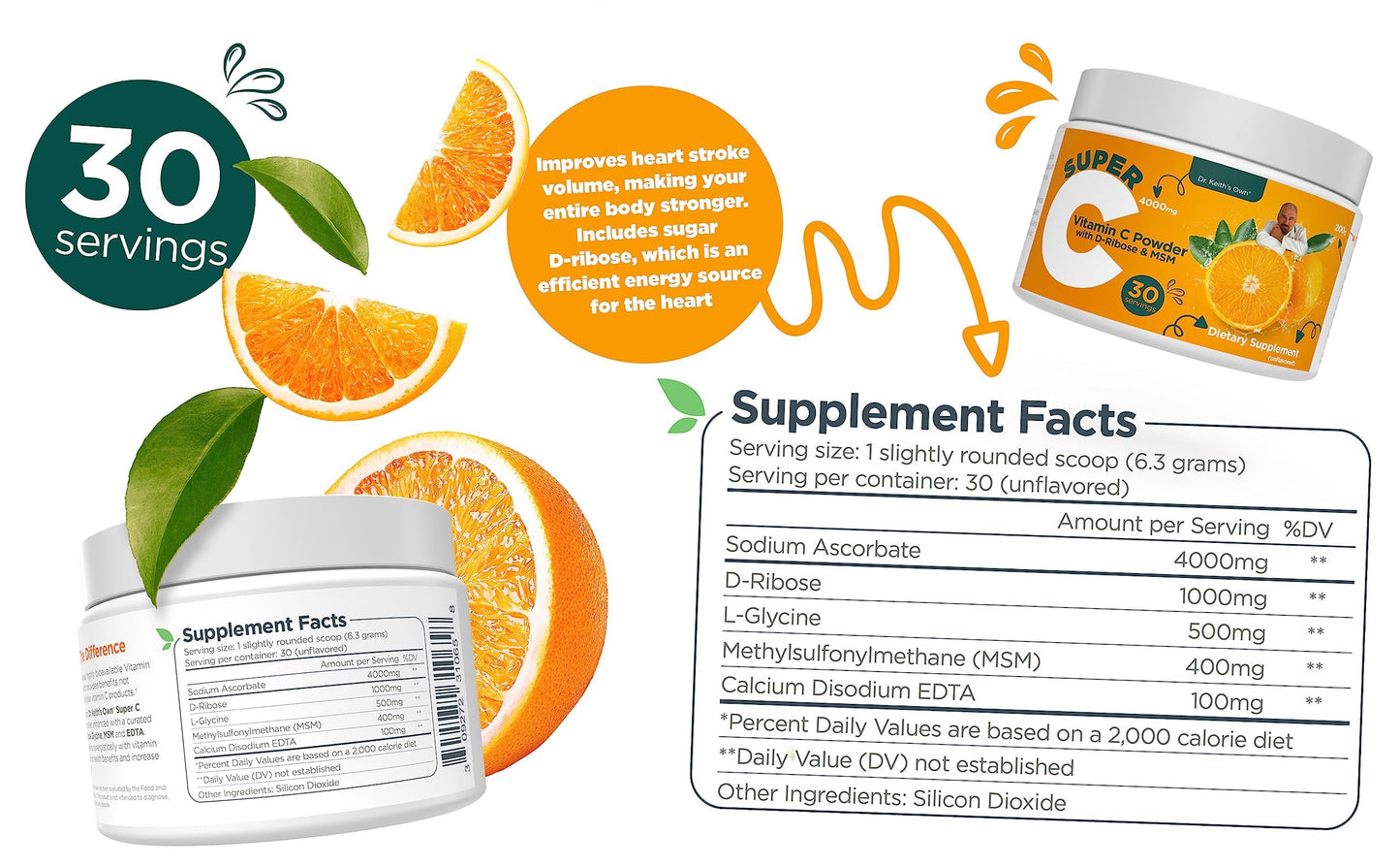 Dr. Keith's Own Buffered Vitamin C Powder 4000mg, Glycine, MSM, 7.0548 oz