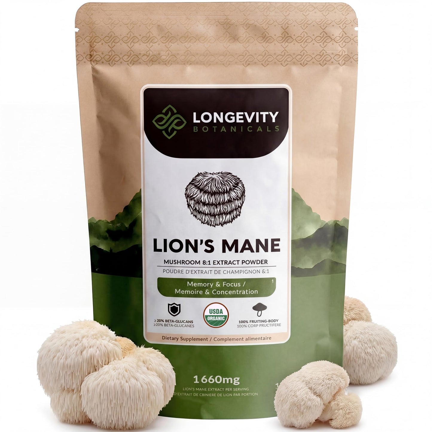 Longevity Botanicals Organic Lion's Mane Mushroom Powder Extract 3.53 oz
