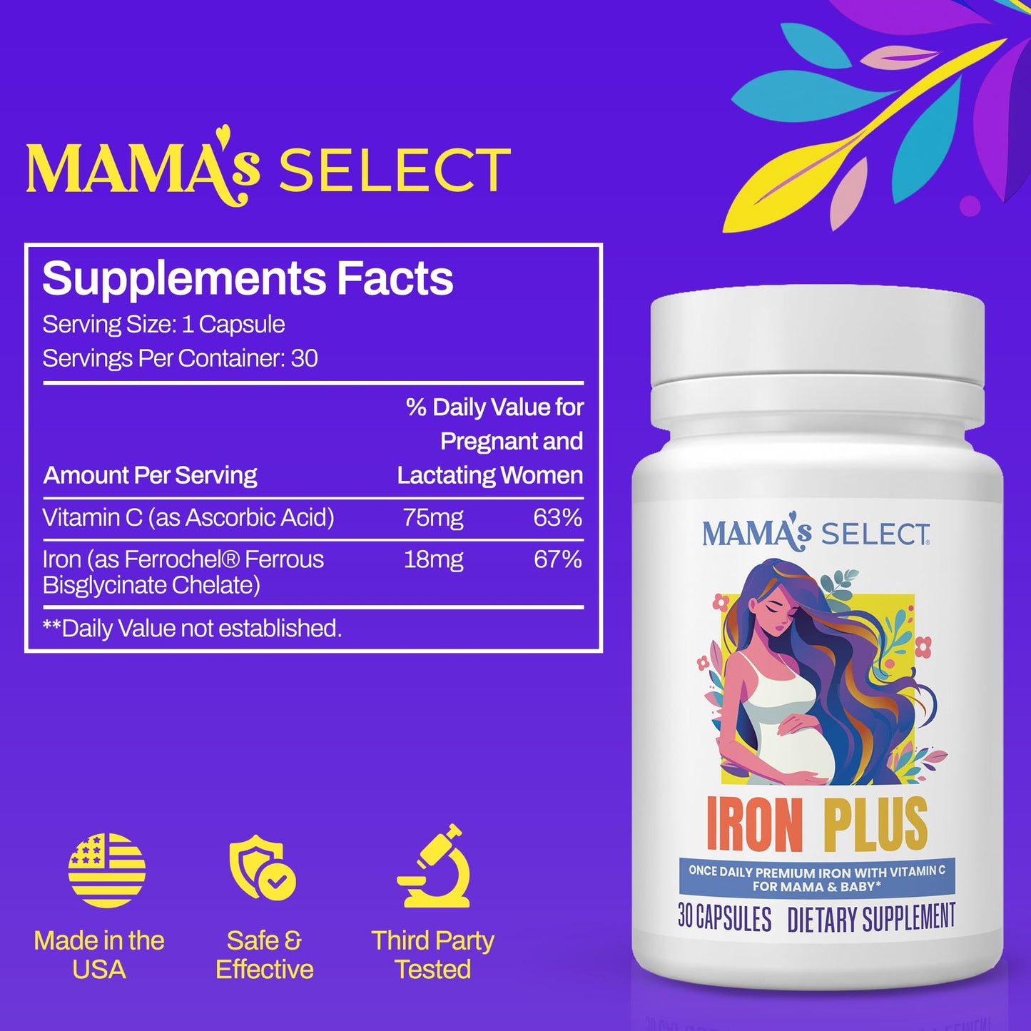 Mama's Select Prenatal Iron Plus – 18mg Gentle Non-Constipating Iron with Vitamin C – Ferrous Bisglycinate for Pregnancy & Postpartum – Supports Baby’s Neural Development – Non-GMO, 30 Capsules