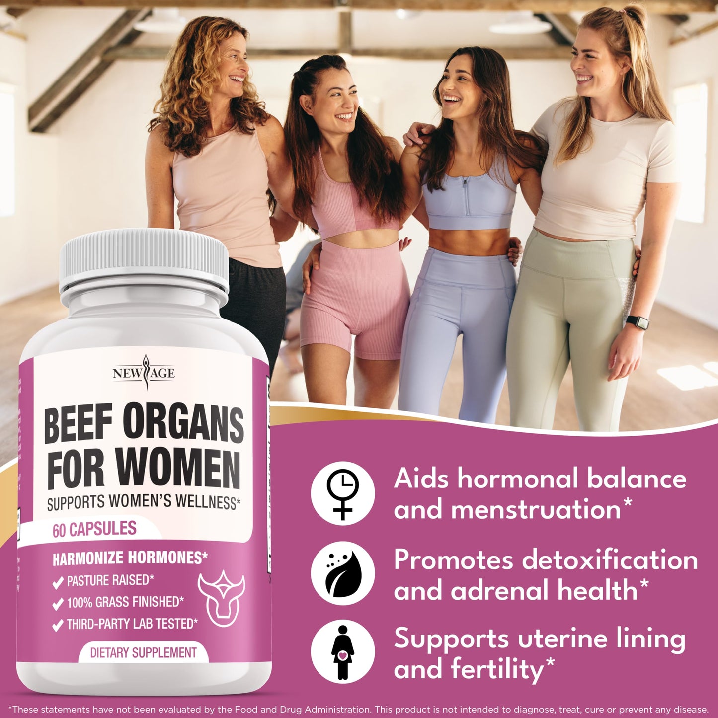 NEW AGE Beef Organ Supplement for Women - Beef Liver, Kidney, Heart and Uterus Tissue - 180 Capsules