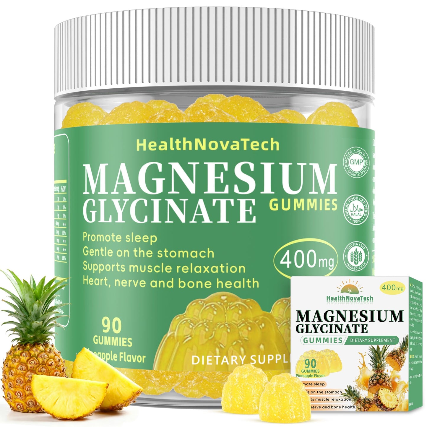 HealthNovaTech Magnesium Glycinate Gummies 400mg with Ashwagandha, CoQ10, Zinc & Vitamin C - Sugar Free Vegan Gummies for Sleep, Relaxation & Stress Relief - Pineapple Flavor, 90 Gummies