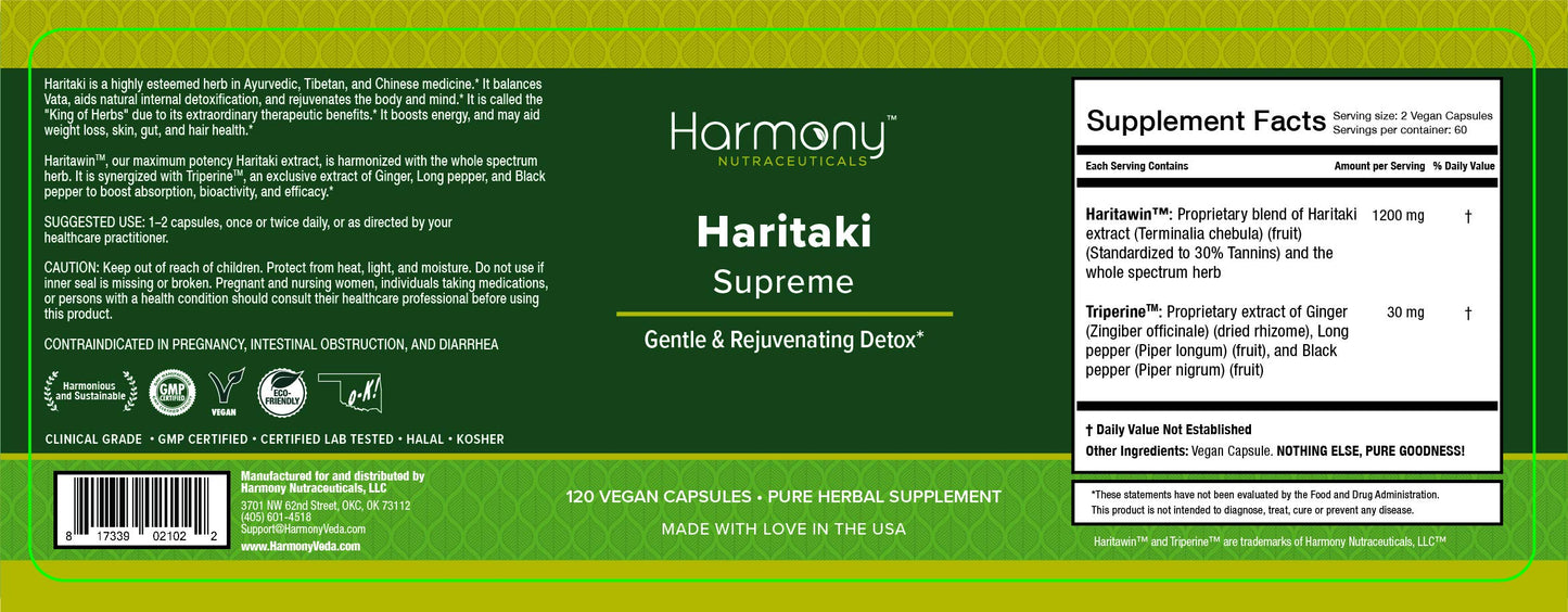 Harmony Nutraceuticals Haritaki Supreme Dr Gumman's Clinical Grade Highest Potency Maximum Bioavailabity Vegan Capsules, 120 Capsules