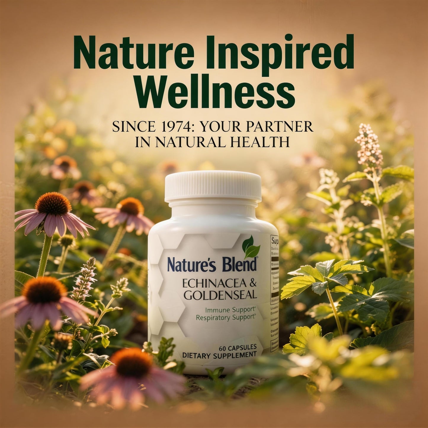 Nature's Blend Echinacea & Goldenseal Herbal Complex, Immune Support Supplement, Whole Herb & Extract Blend 60 Capsules