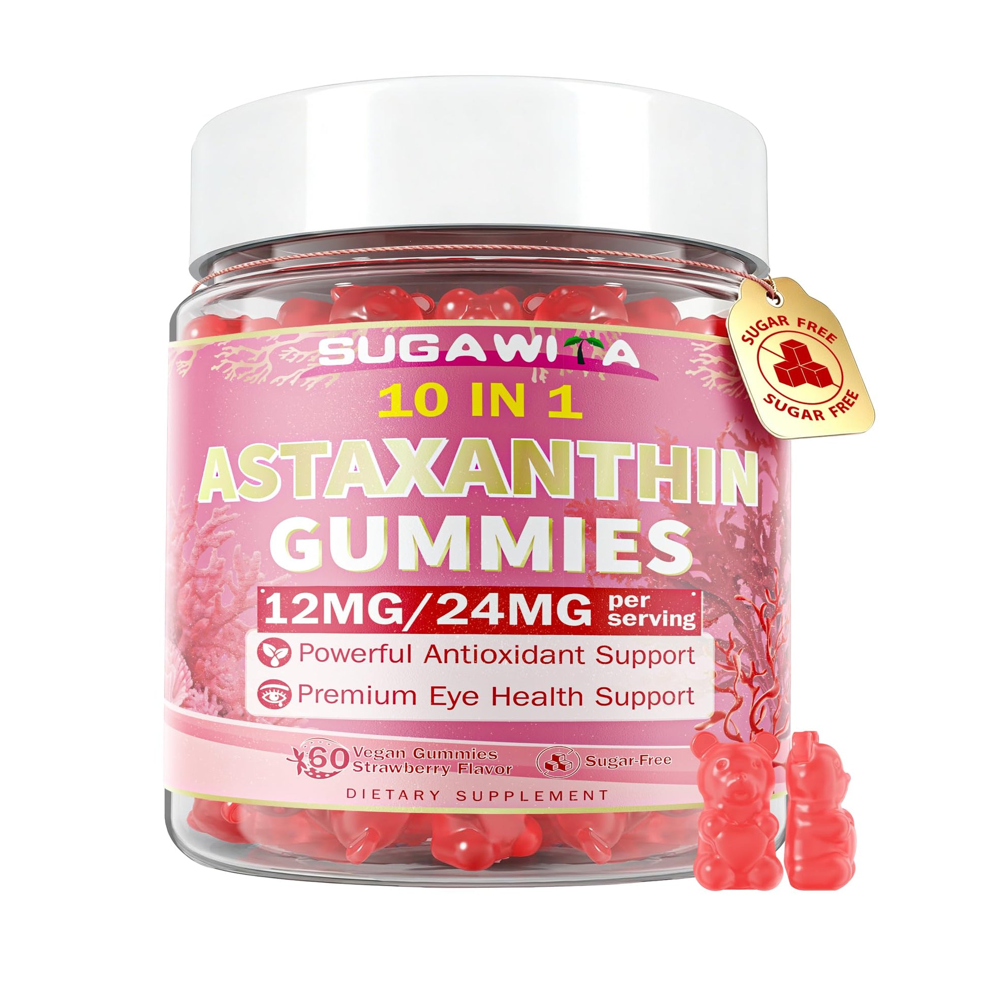 SUGAWITA Astaxanthin Gummies 12mg/24mg 10-in-1 Antioxidant with Lutein & Resveratrol, Vegan, 60 Count