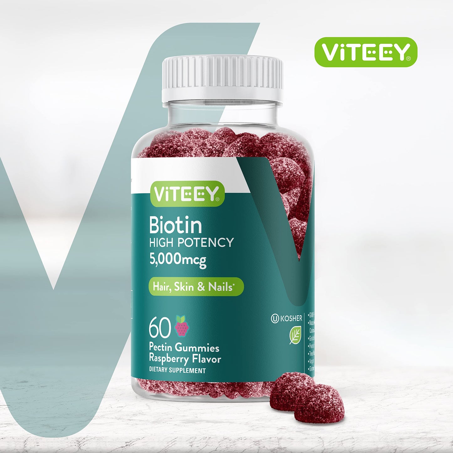 Viteey Biotin Gummy for Hair, Skin and Nails 5000 mcg – Vegan, Gluten-Free, Non-GMO – 60 Count