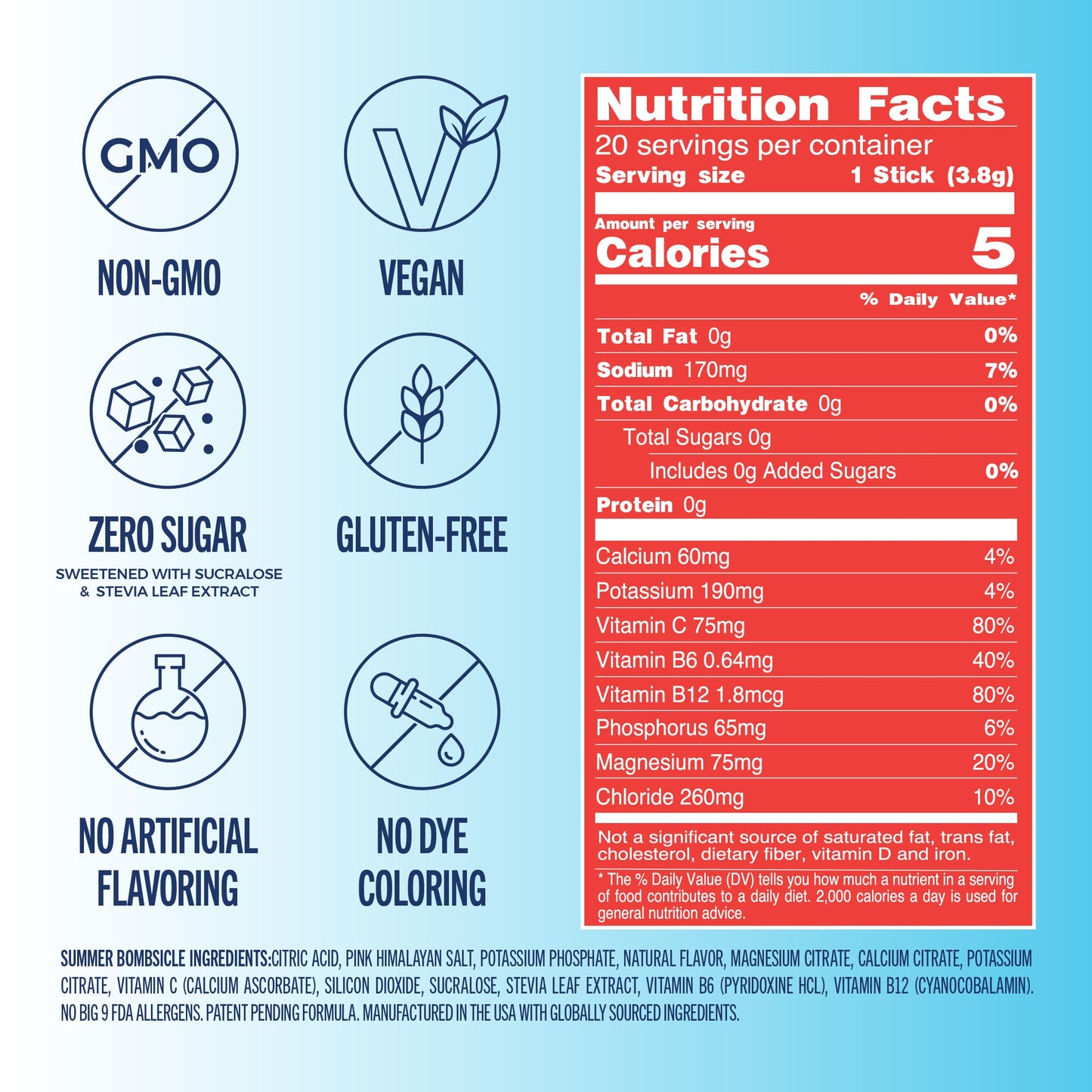 TREVI Electrolytes Powder Packets, Sugar Free Hydration, Summer Bombsicle 2.6
