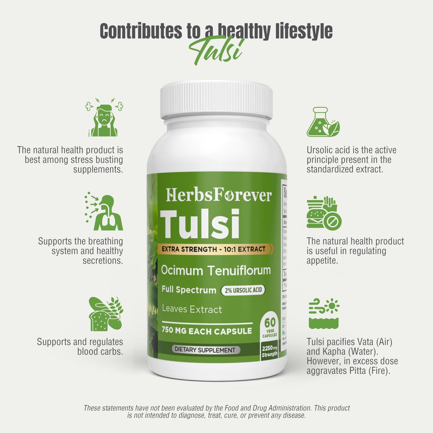 Herbsforever Tulsi (Holy Basil) Extra Strength (10:1) Extract, Equiv. to 2250 mg Leaves Powder per Serving, Supports Immunity, Respiratory & Stress Relief, Antioxidant, 2% Ursolic Acid, 60 Veg Capsules