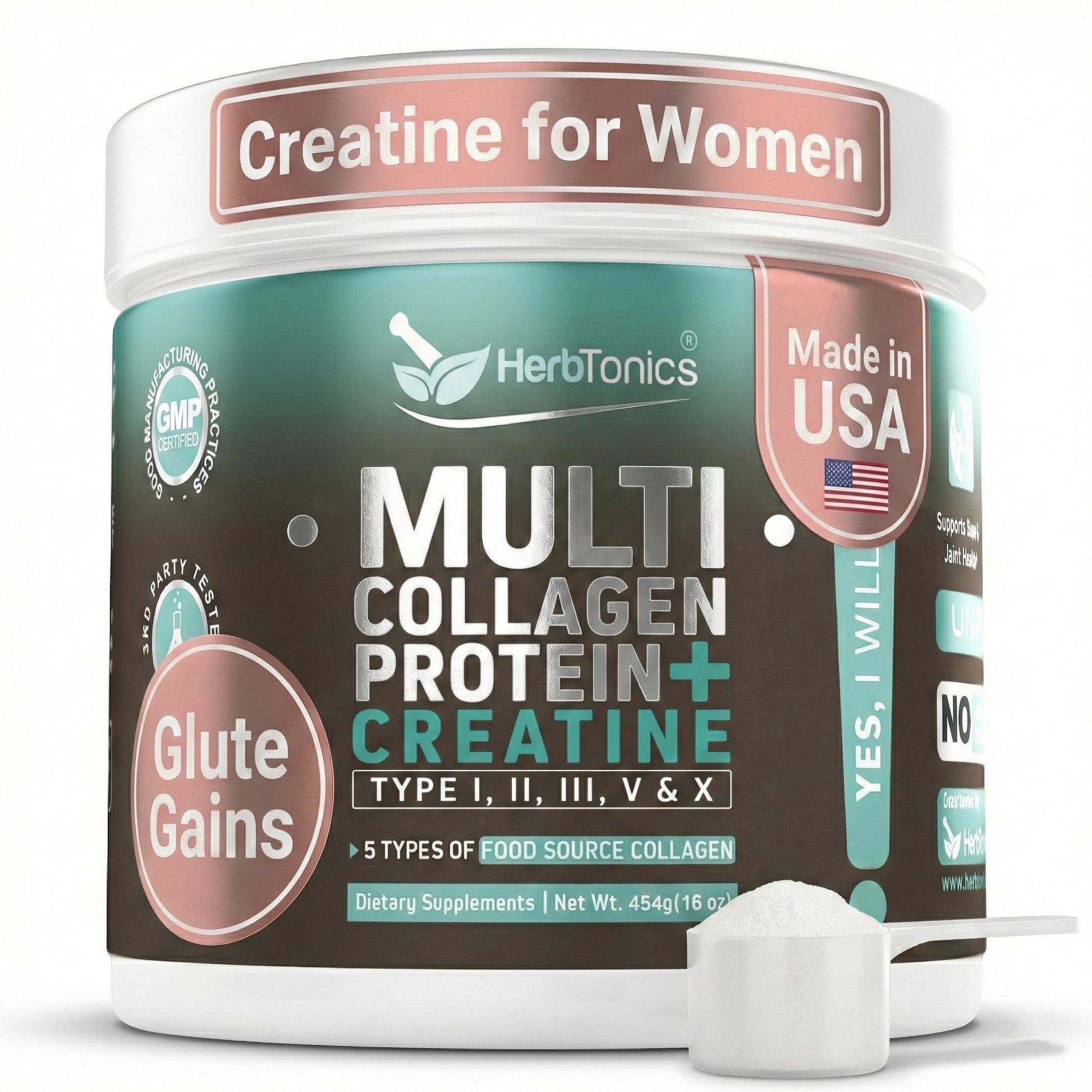 Herbtonics Creatine for Women 5000mg Creatine Monohydrate + Multi Collagen Protein Powder – Lean Muscle, Recovery & Skin Support – Grass-Fed, No Bloat, Unflavored – 10.37 Ounce
