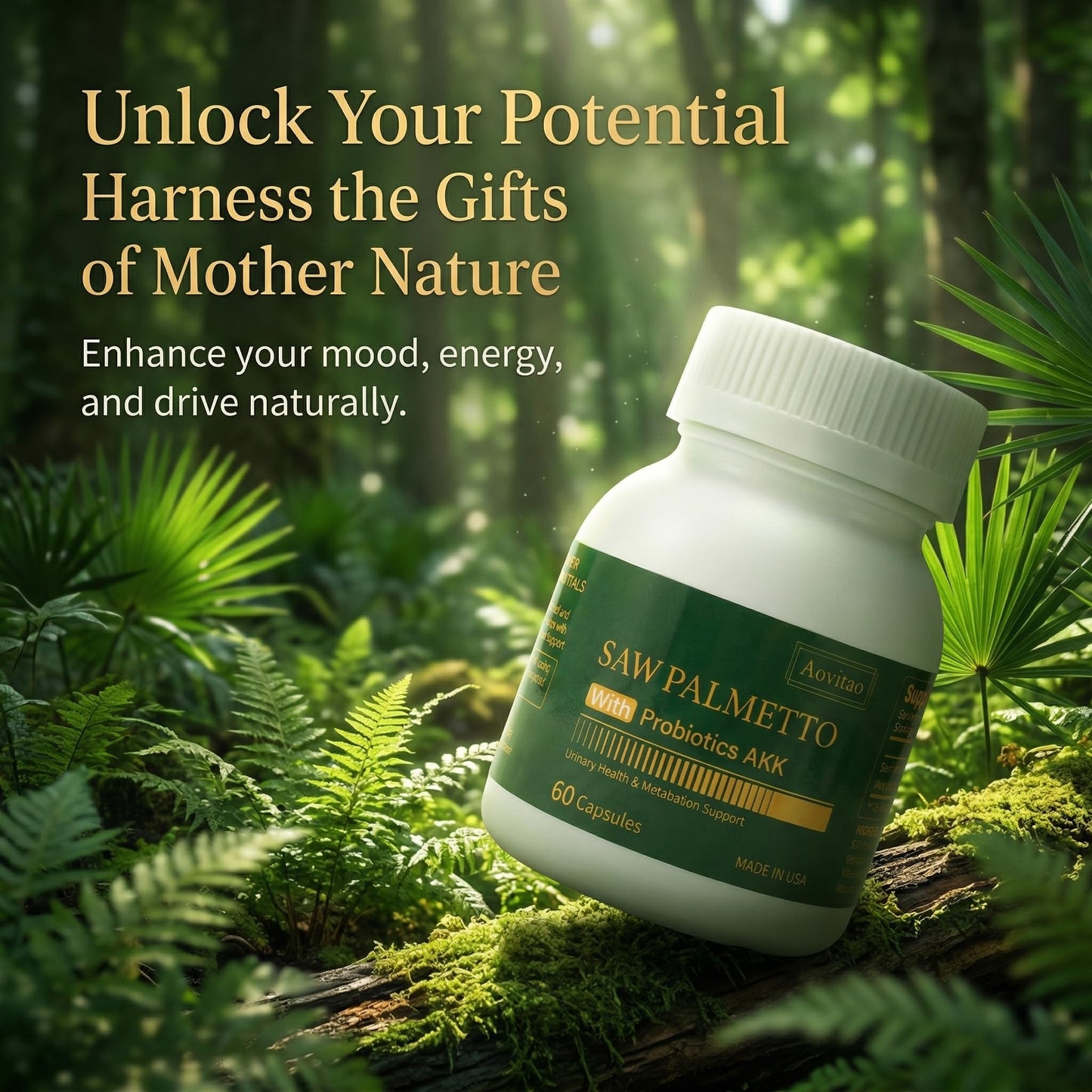 AOVITAO Saw Palmetto Extract with AKK Probiotics Capsule, Urinary Health Metabolism Support, 60 Count