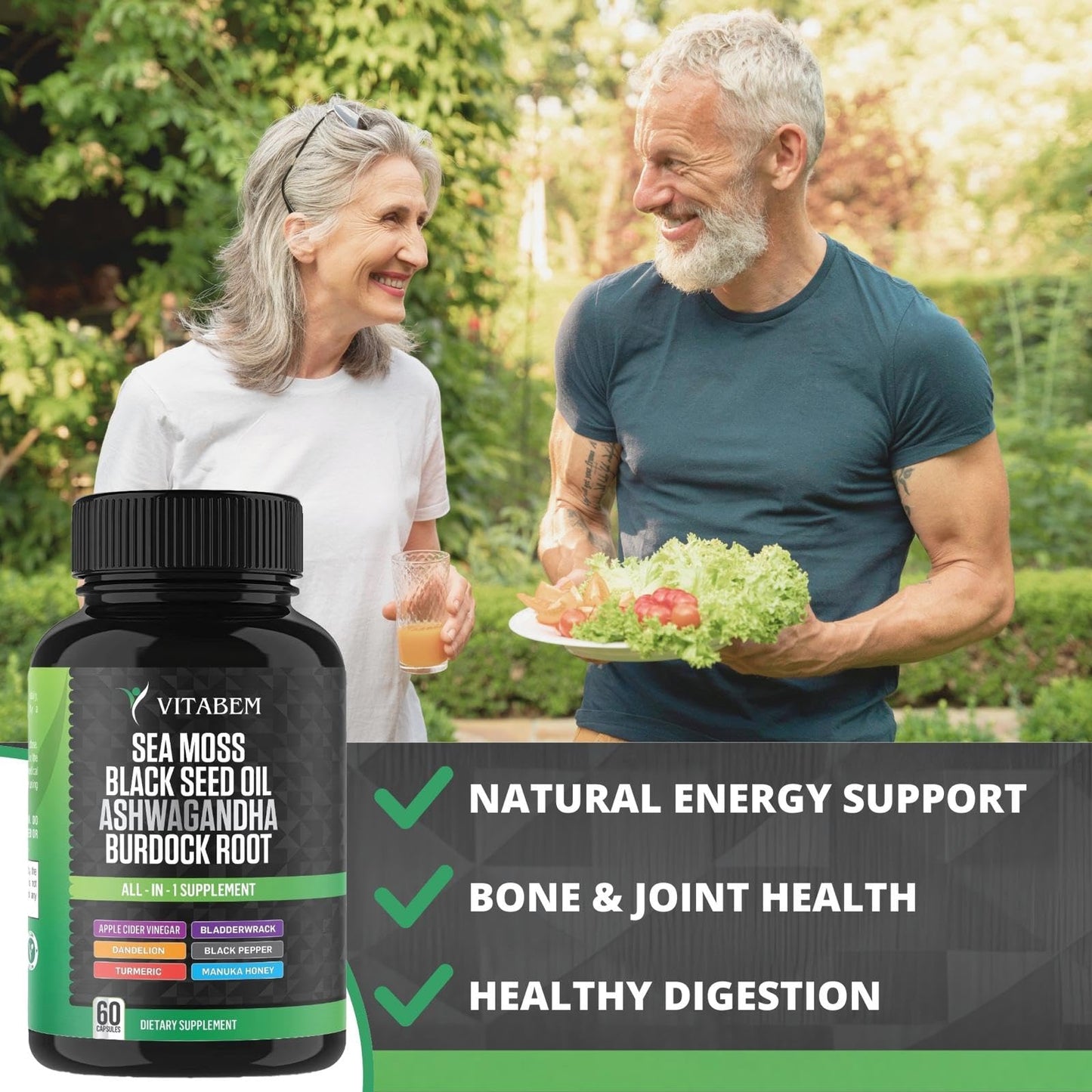 Vitabem Sea Moss Black Seed Oil Ashwagandha Turmeric Bladderwrack Burdock Root Capsules - 60 Count