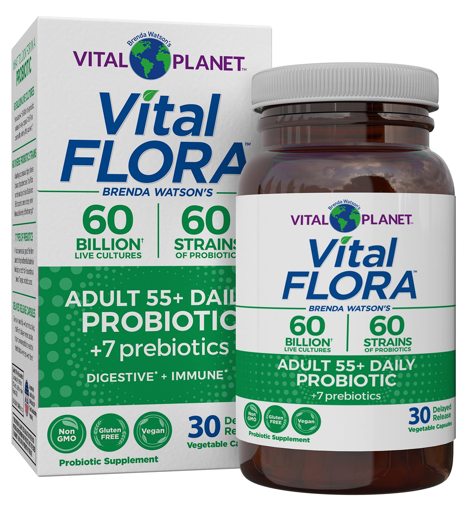 Vital Planet Vital Flora Adults Over 50 Daily Probiotic 60 Billion CFU, 60 Diverse Strains, 7 Organic Prebiotics, Immune Support, Gas, Digestive Health Probiotics for Women and Men Capsules, 30
