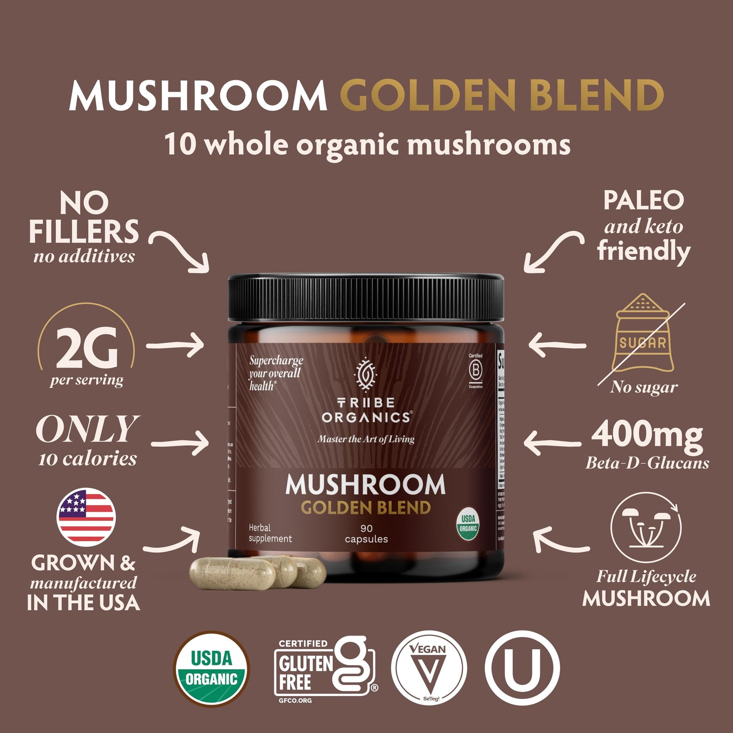 TRIBE ORGANICS Mushroom Golden Blend Vegan Capsules 90 Count