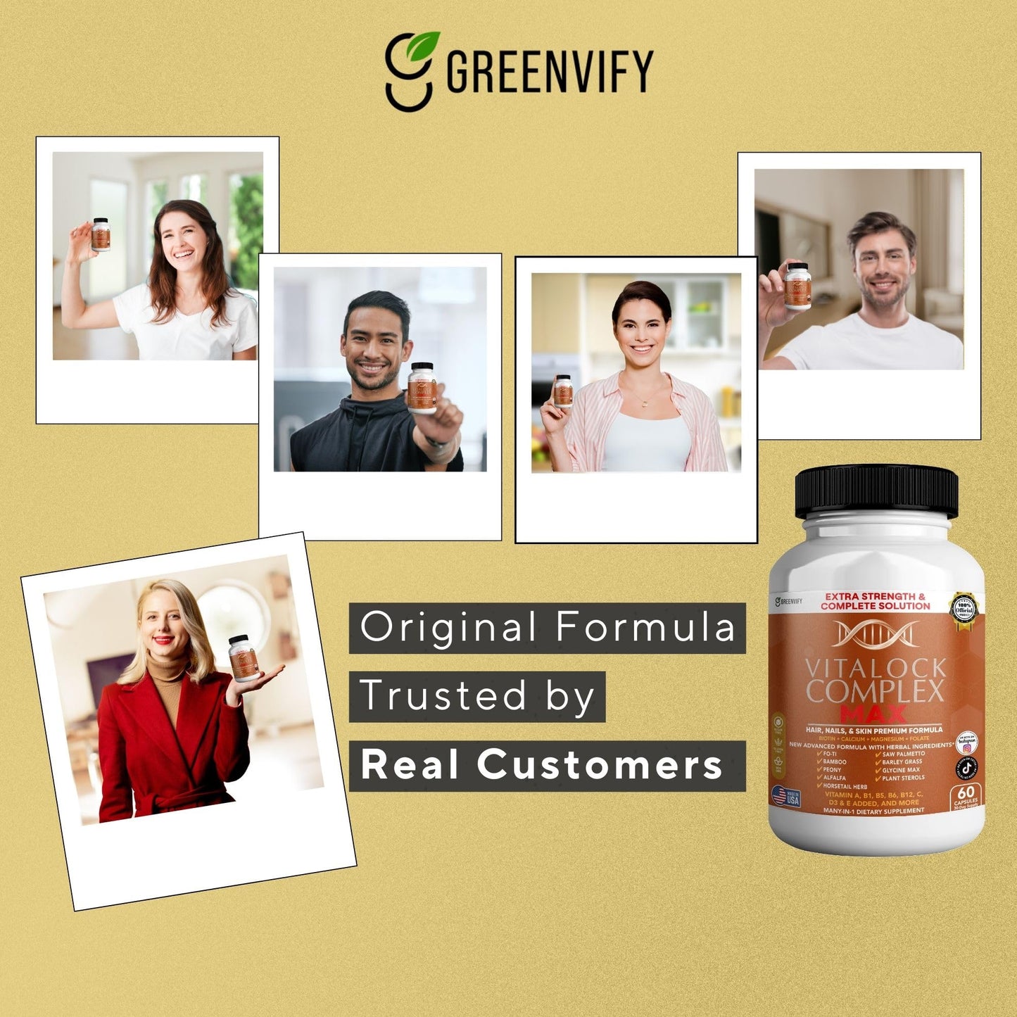 GREENVIFY Vitalock Complex MAX Hair, Nails & Skin Formula, Biotin, Folate, Vitamins A B C D E Capsules 60