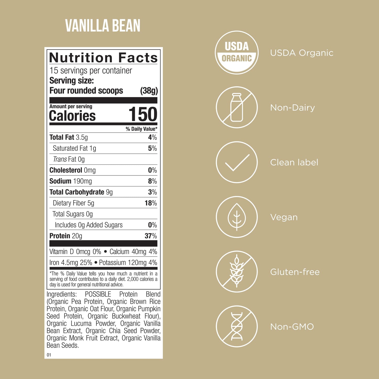 Possible Protein Powder Vanilla - Plant-Based Protein with Essential Amino Acids & BCAAs - 1.25 lb (Pack of 1) - 20