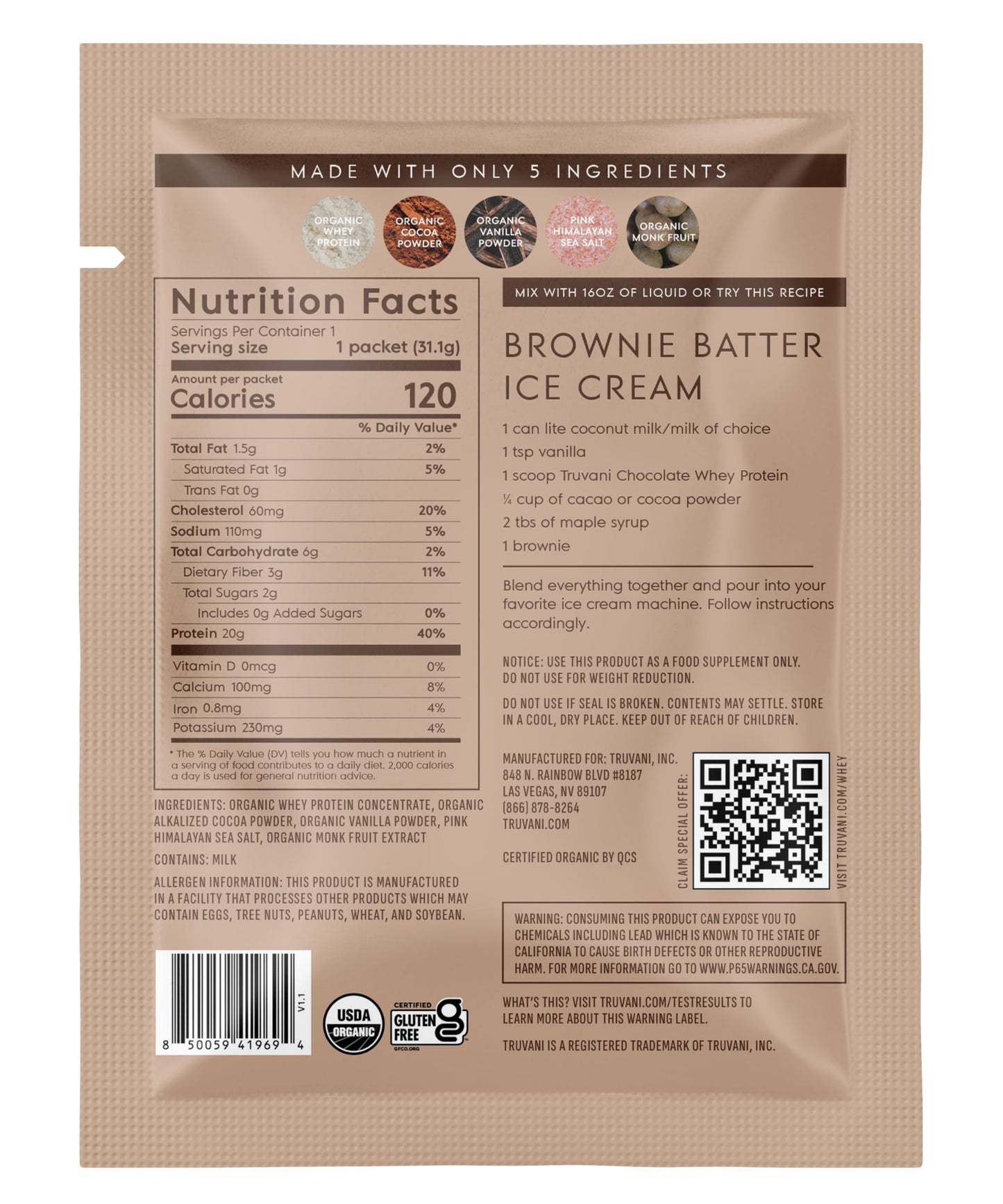 Truvani Organic Whey Protein Powder Chocolate, 1.09 oz