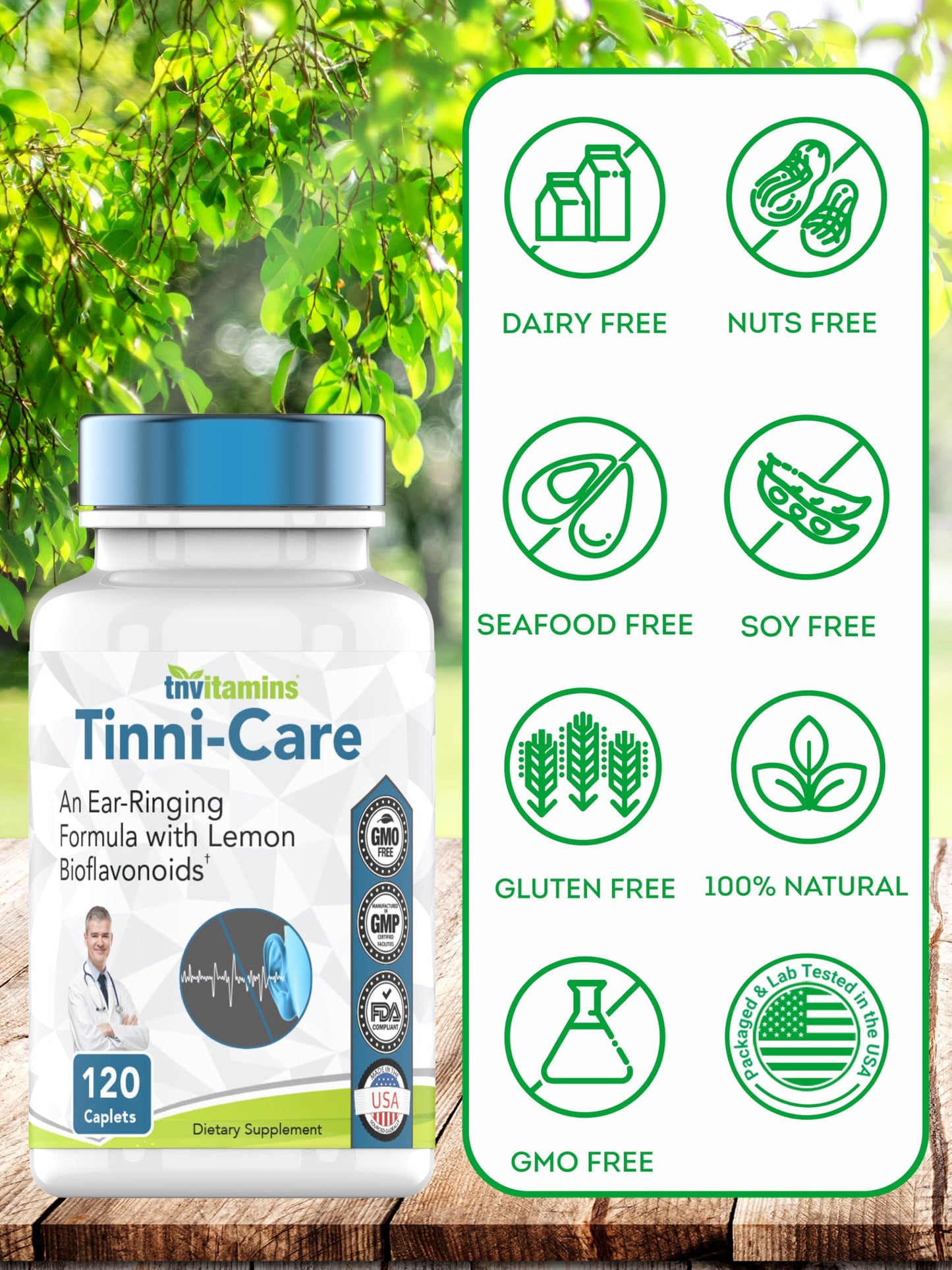 tnvitamins Tinni-Care Lemon Bioflavonoid Supplement Ear Ringing Relief Formula That May Help with Ringing Over Time 120 Caplets