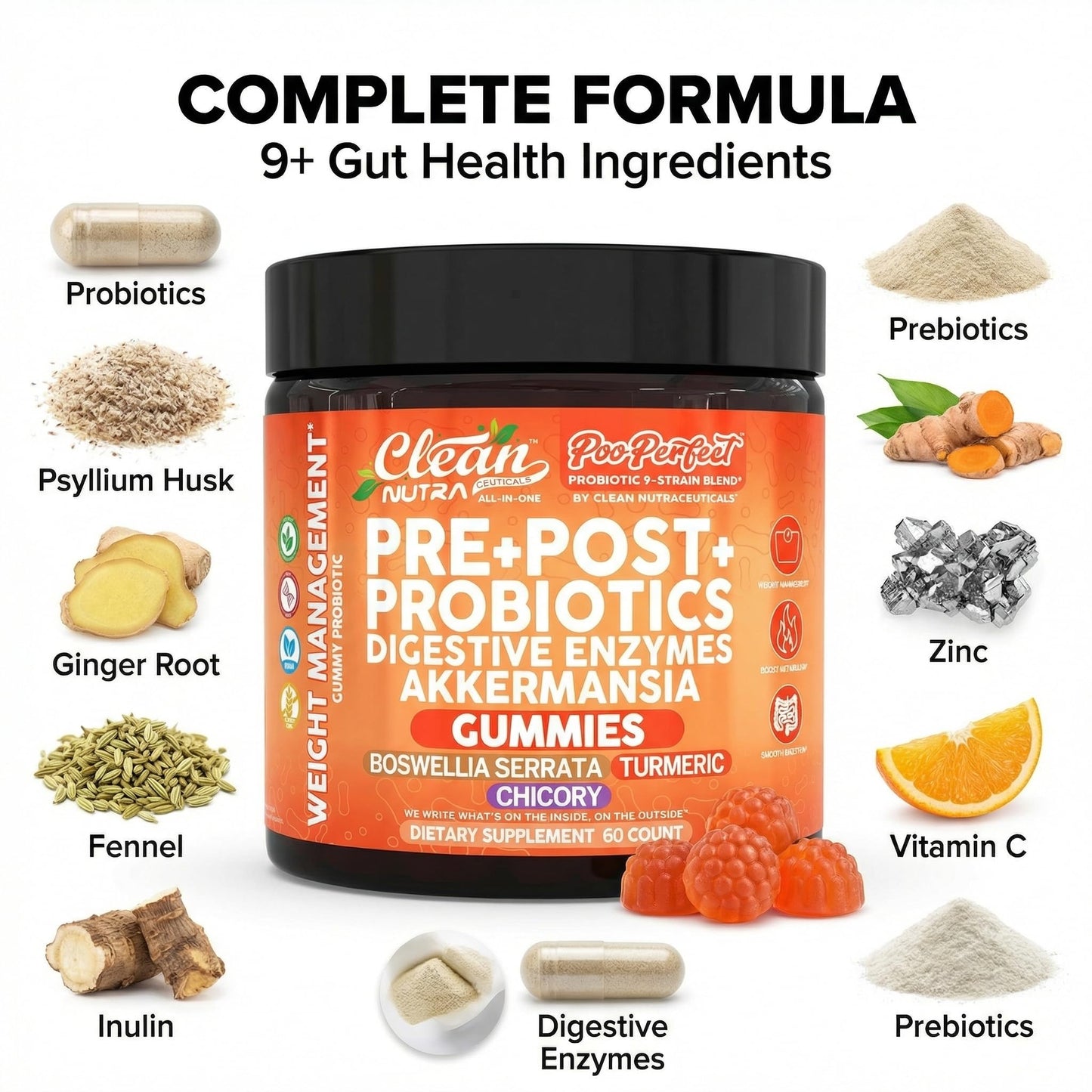 Clean Nutraceuticals Prebiotic Postbiotic Digestive Enzymes Gummy, 60 Count