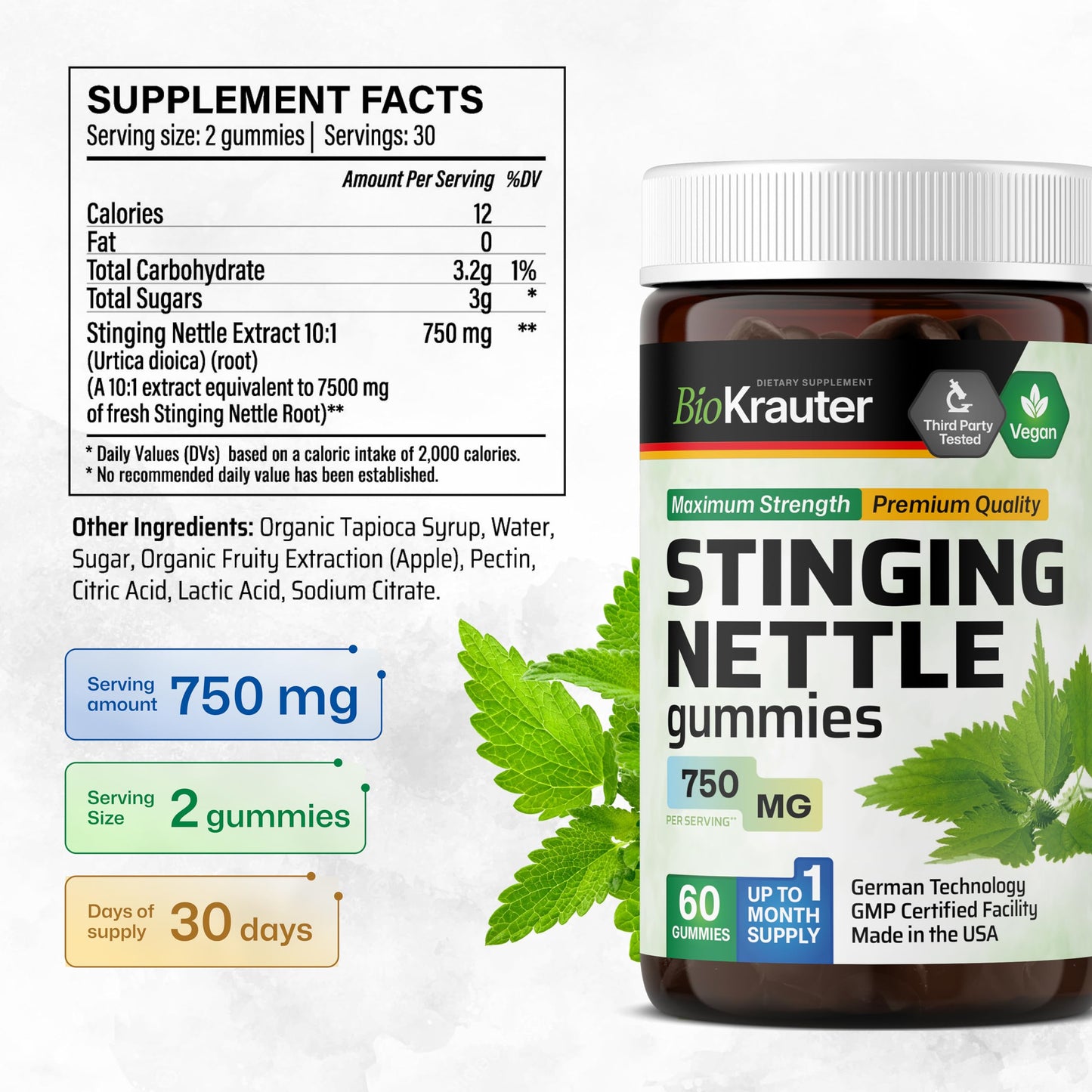 BIO KRAUTER Stinging Nettle Root Supplement 750 mg Gummies 60 Count