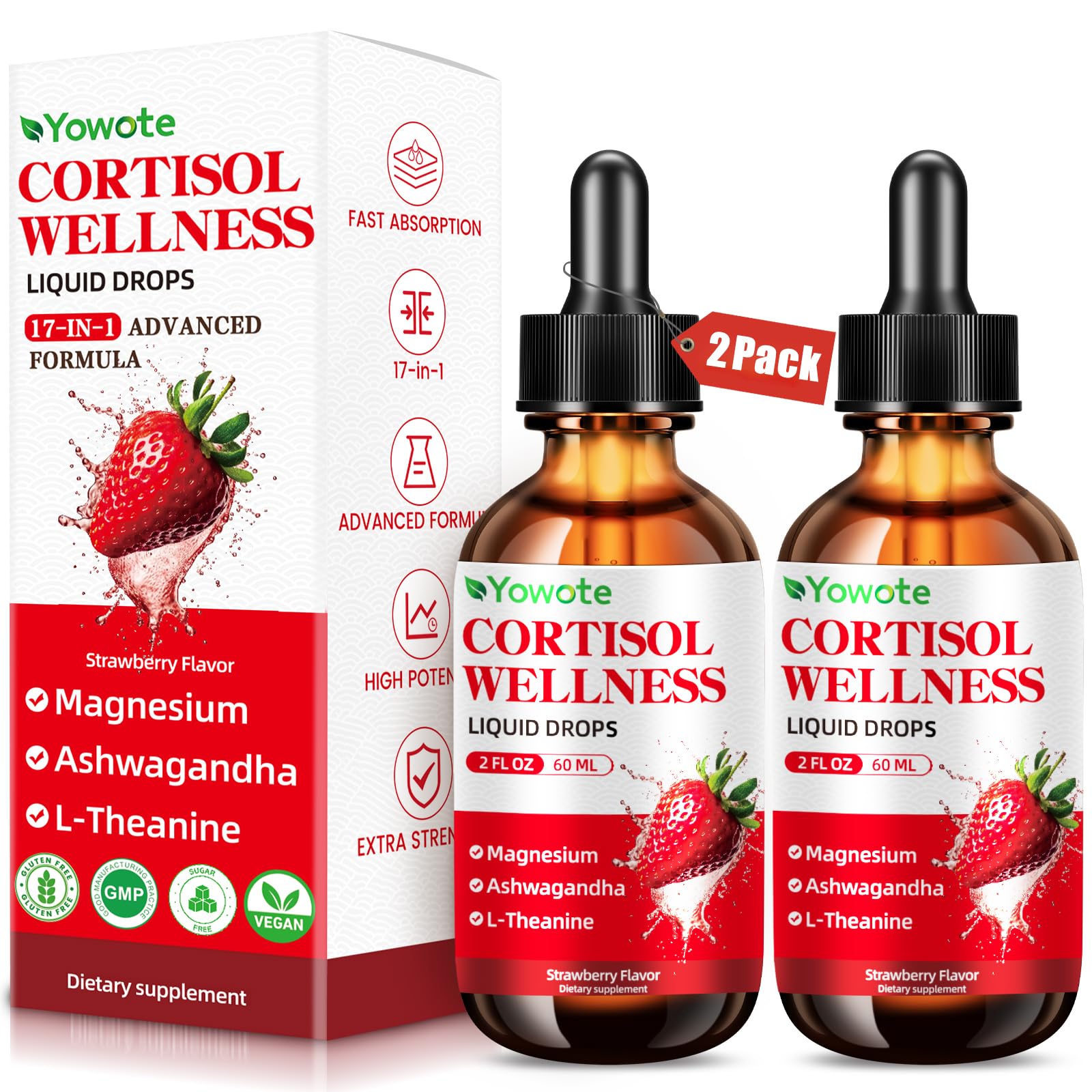 YOWOTE Cortisol Support Gummies for Men and Women 90-count with Magnesium, Ashwagandha, L-Theanine, Phosphatidylserine for Lower Cortisol, Calm, Mood