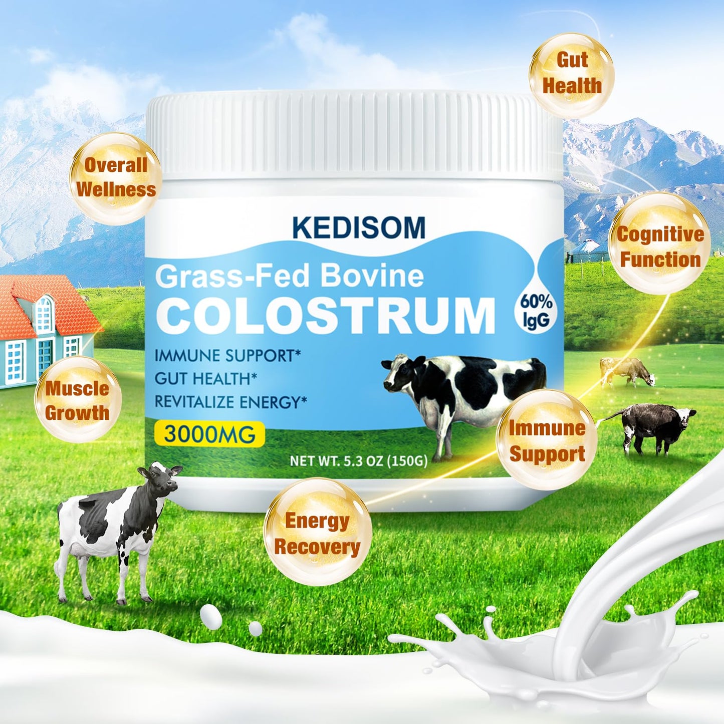 KEDISOM Grass-Fed Bovine Colostrum Supplement Powder, 50 Servings