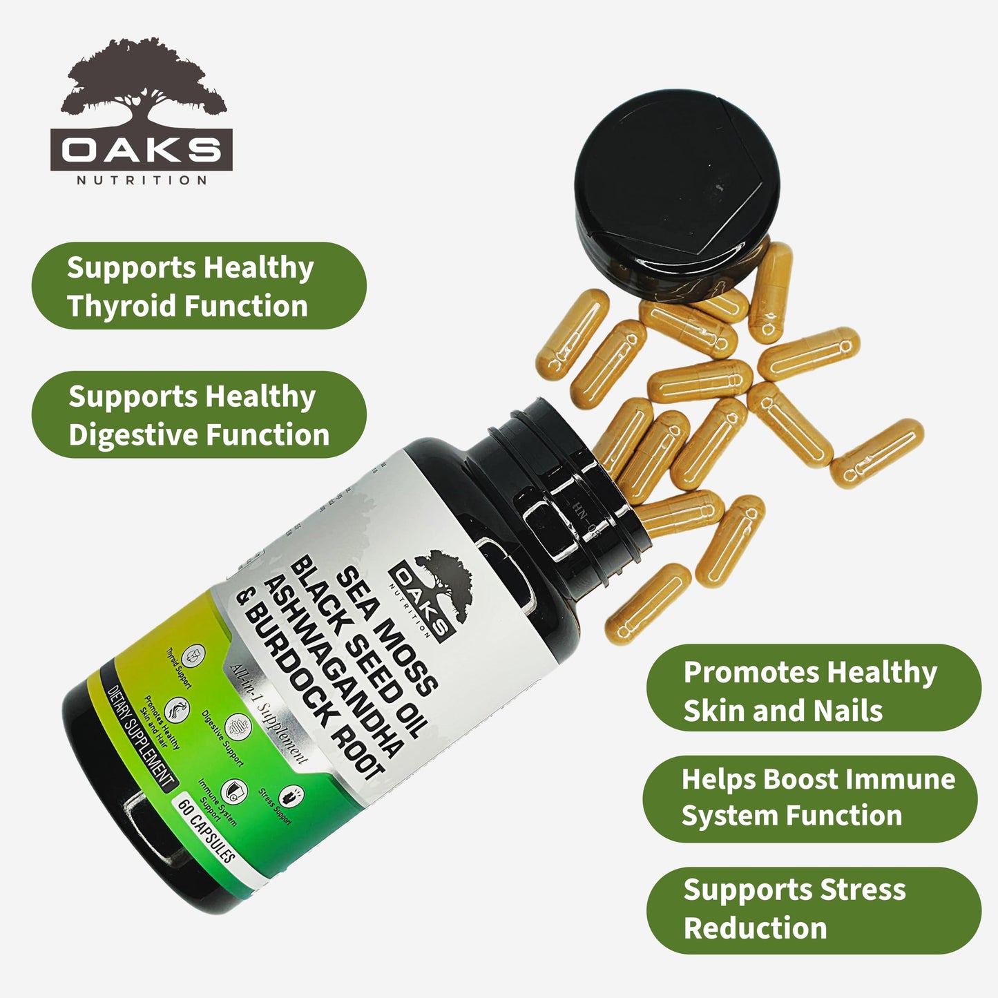 Oaks Nutrition Premium 15-in-1 Sea Moss Multivitamin Capsules, 60 Count