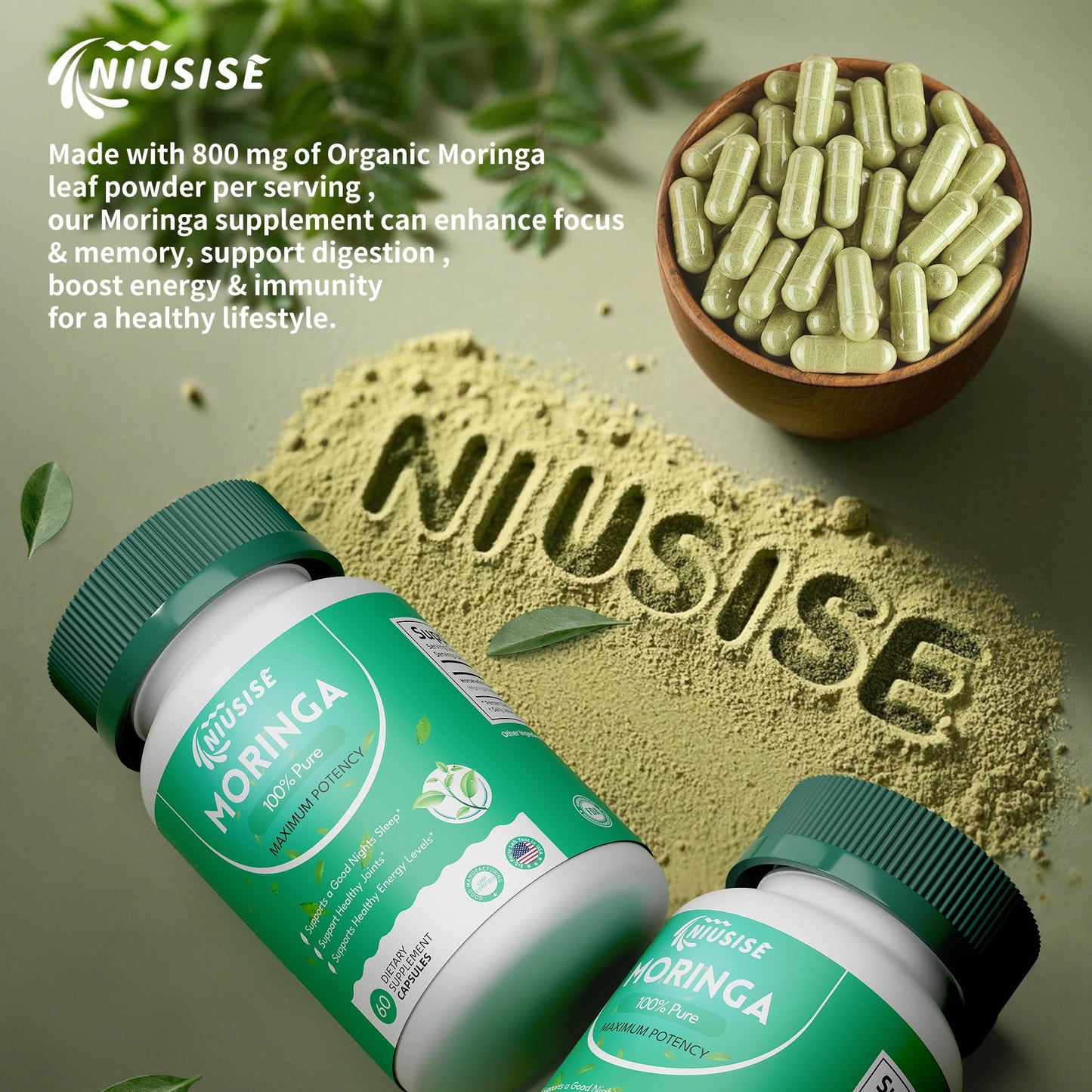 NIUSISE Moringa Powder Capsules, 60 Count
