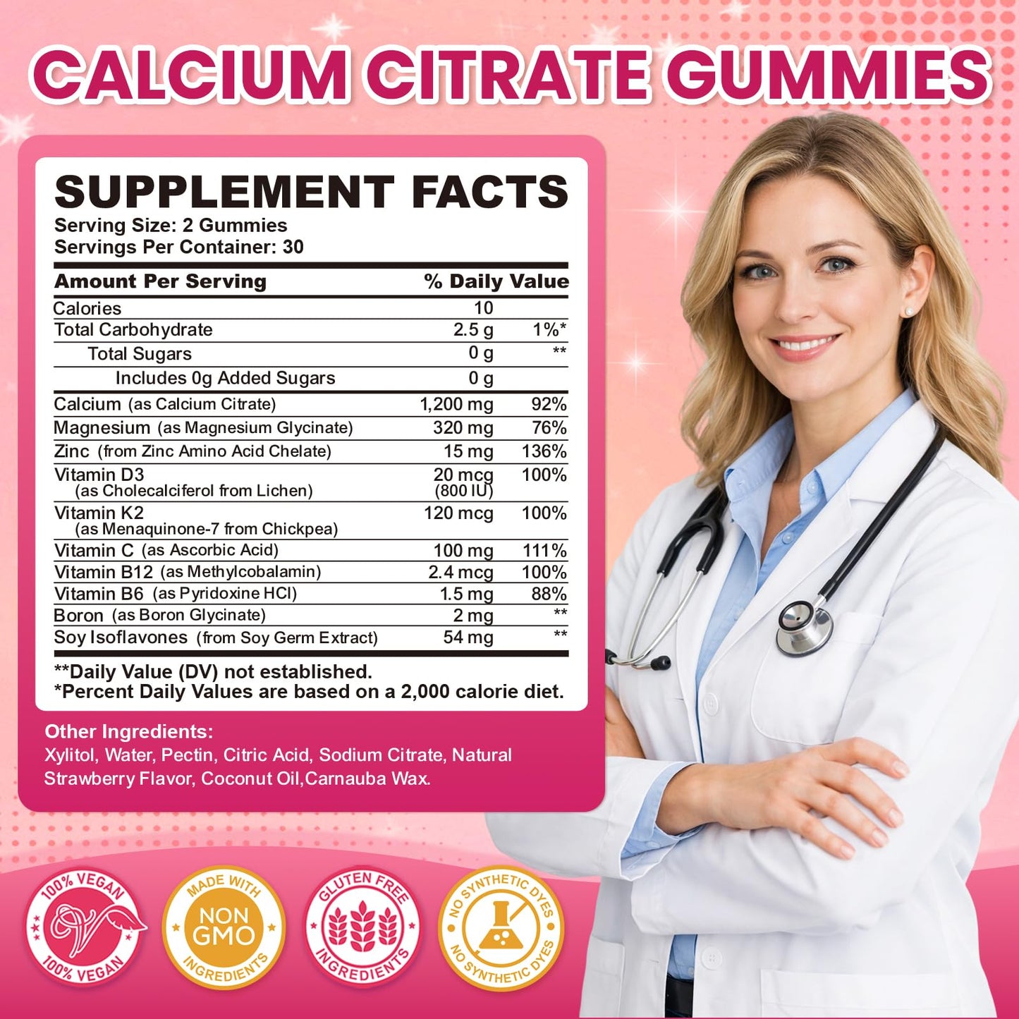 SEPT YAN Calcium Citrate Gummies 1200 mg with Vitamin D3, K2, Magnesium, Zinc, B6 & B12 for Bone, Muscle & Immune Support, Strawberry Flavor, 60 Gummies