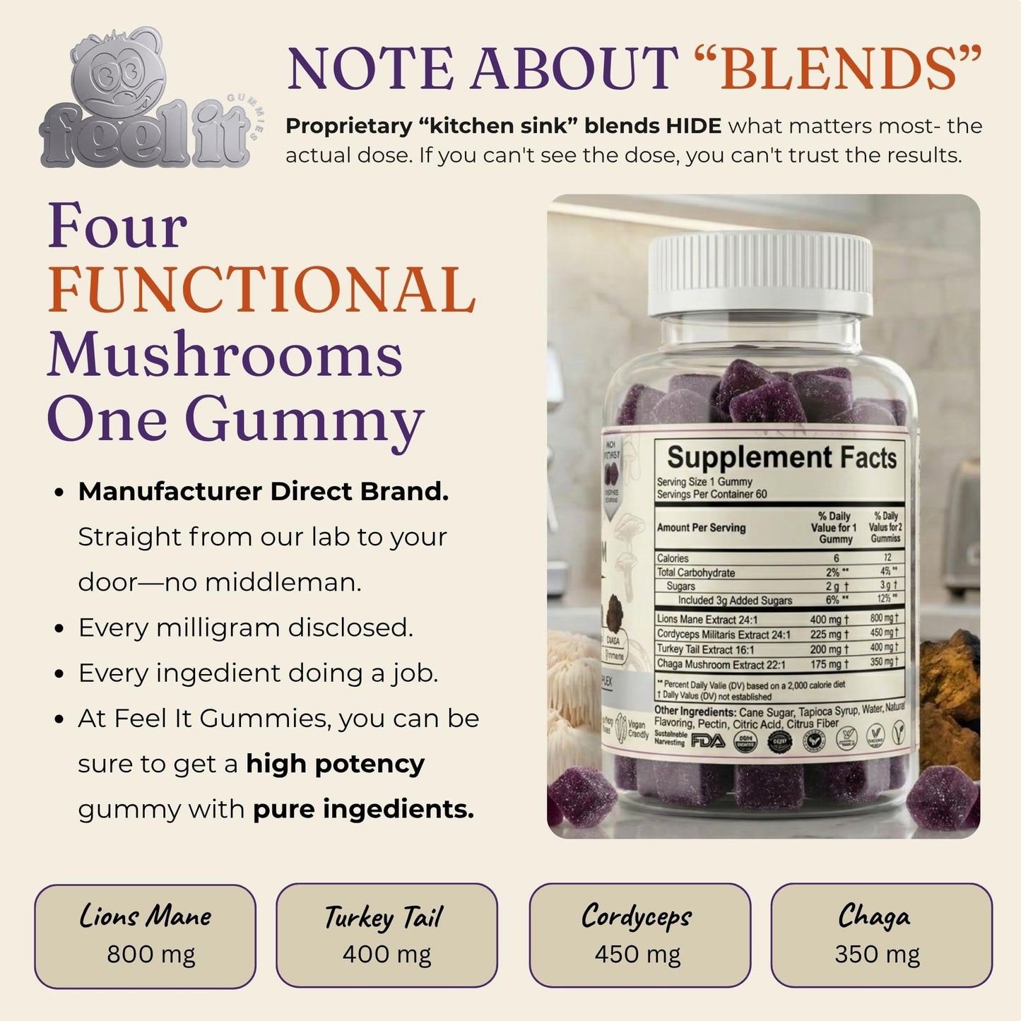 Feel It Gummies Premium Mushroom Blend with Lion's Mane, Cordyceps & Chaga - High Potency Nootropic Focus, Immune Support & Energy, Fruiting Body Extract, 60 Gummies