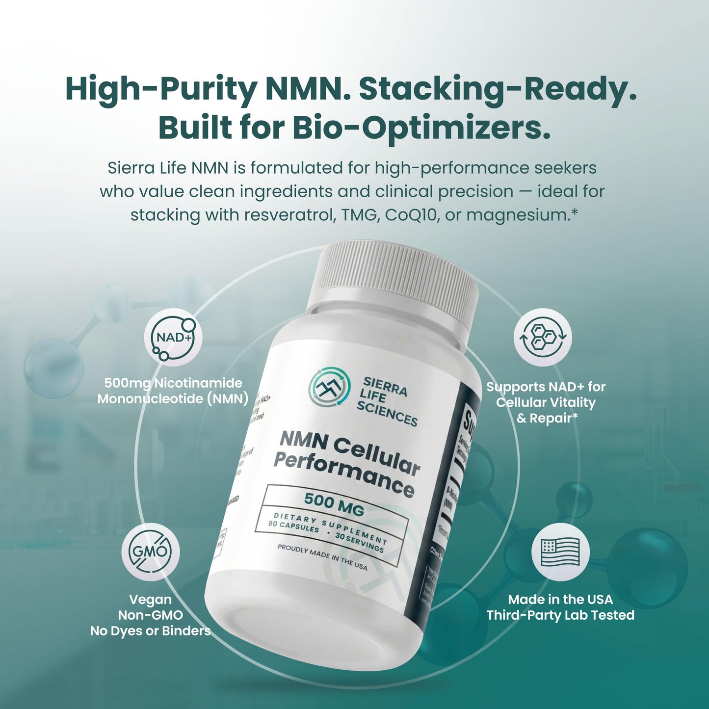 SIERRA LIFE SCIENCES NMN Cellular Performance 500mg Nicotinamide Mononucleotide for NAD+ Support, Cellular Energy & Recovery, Longevity & Performance Supplement, 90 Capsules