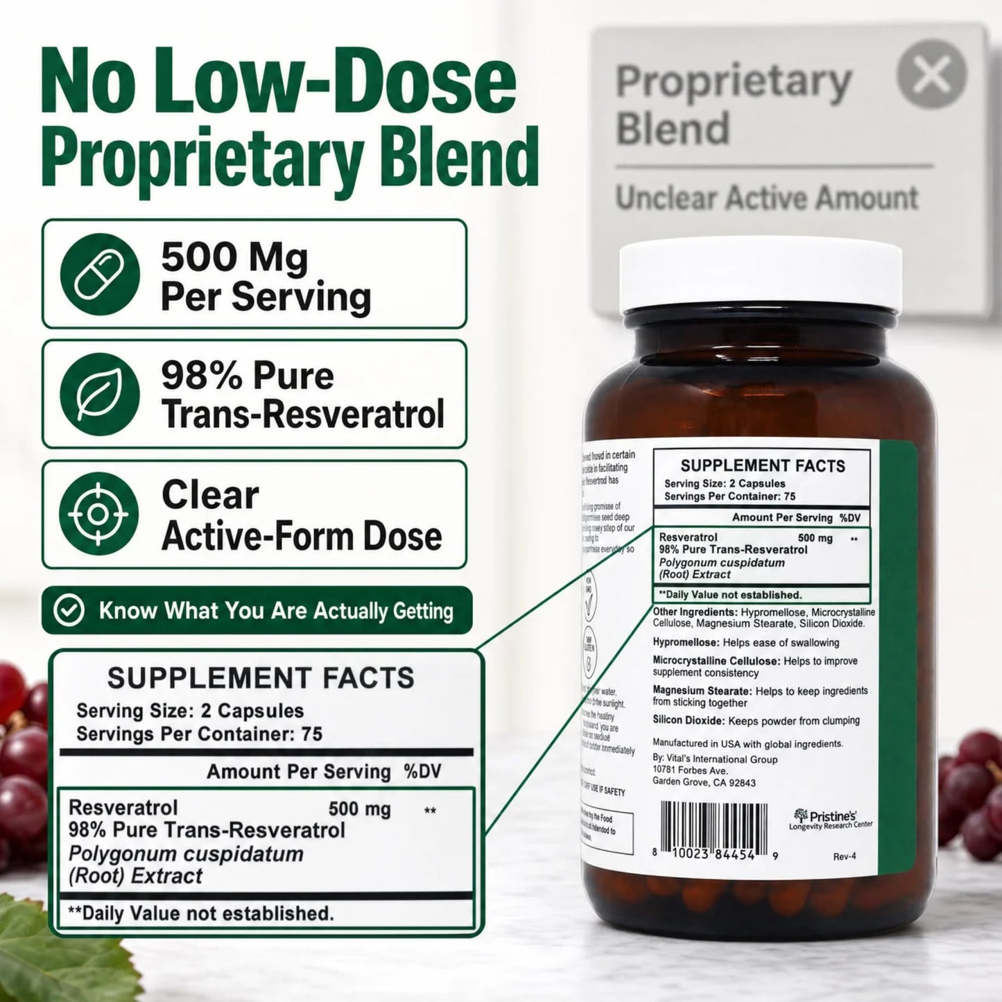 PRISTINE'S Resveratrol 500mg Capsules, 150 Count