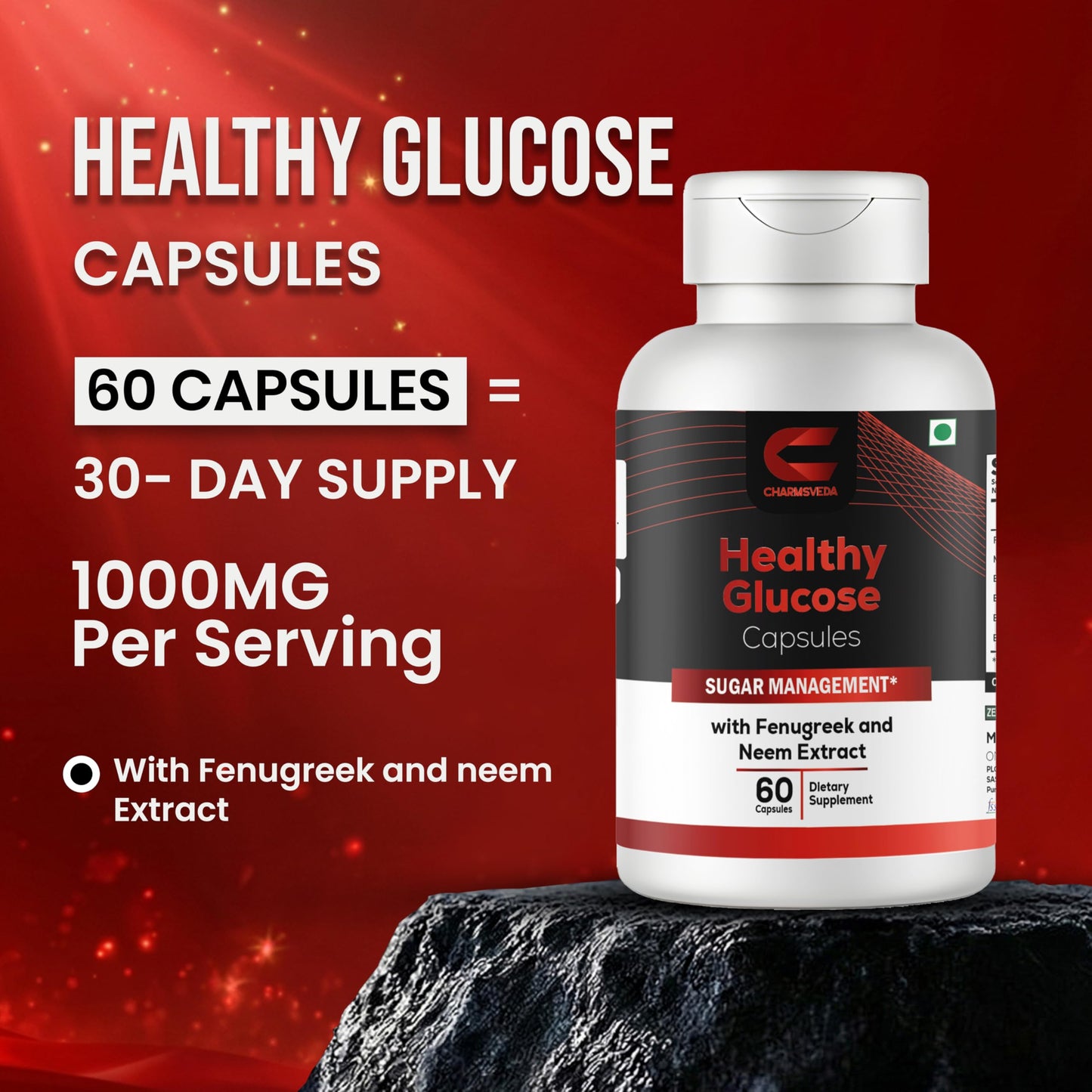CHARMSVEDA Healthy Glucose Herbal Capsules with Fenugreek, Berberine, Neem, Bitter Gourd, Black Plum & Black Pepper, Daily Herbal Wellness Supplement, Vegan, Non-GMO, 60 Capsules
