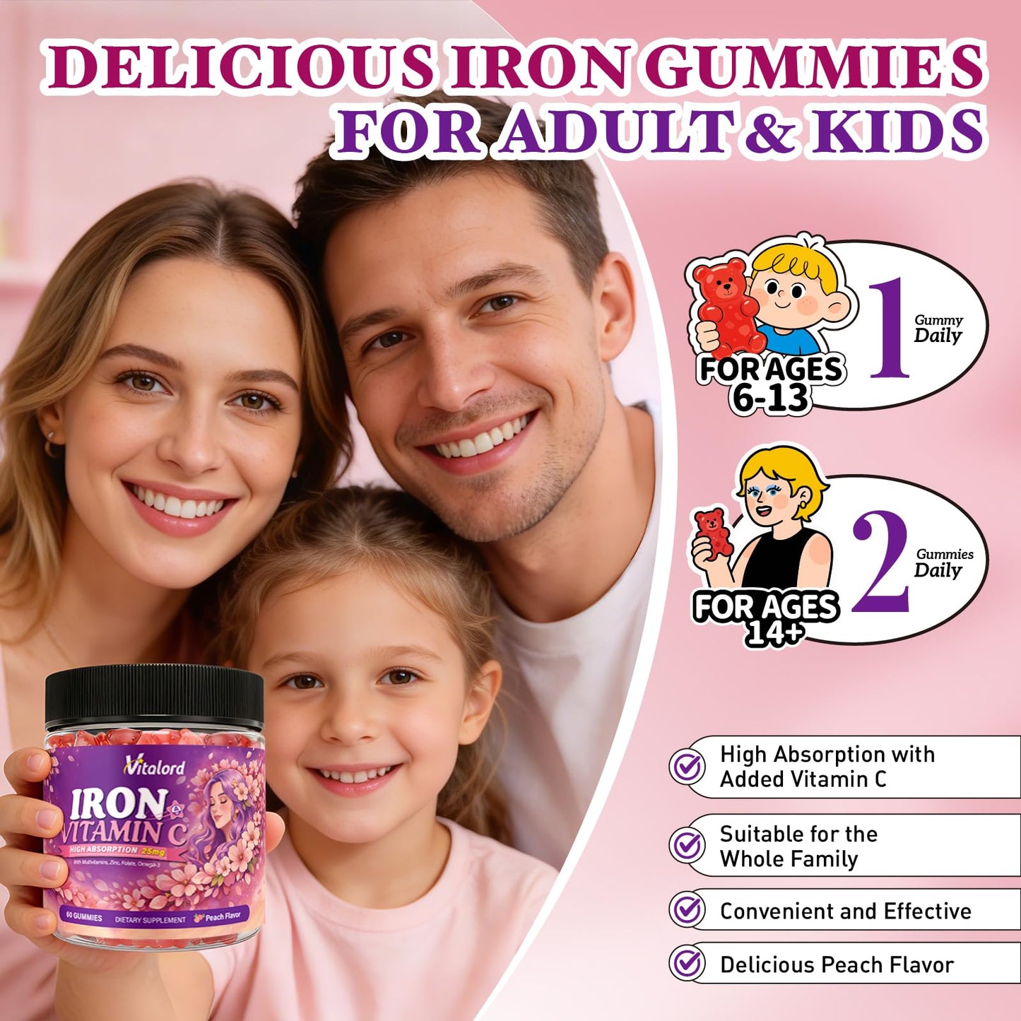 Vitalord Iron Bisglycinate Gummies 60 Count