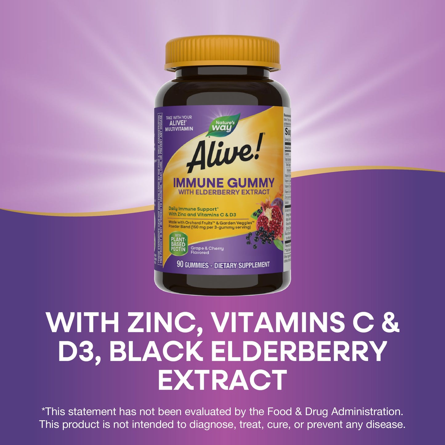 Nature's Way Alive! Immune Support Gummies with Elderberry Extract, Vitamins C & D3, Zinc, No Gluten, Grape & Cherry Flavored, 90 Gummies