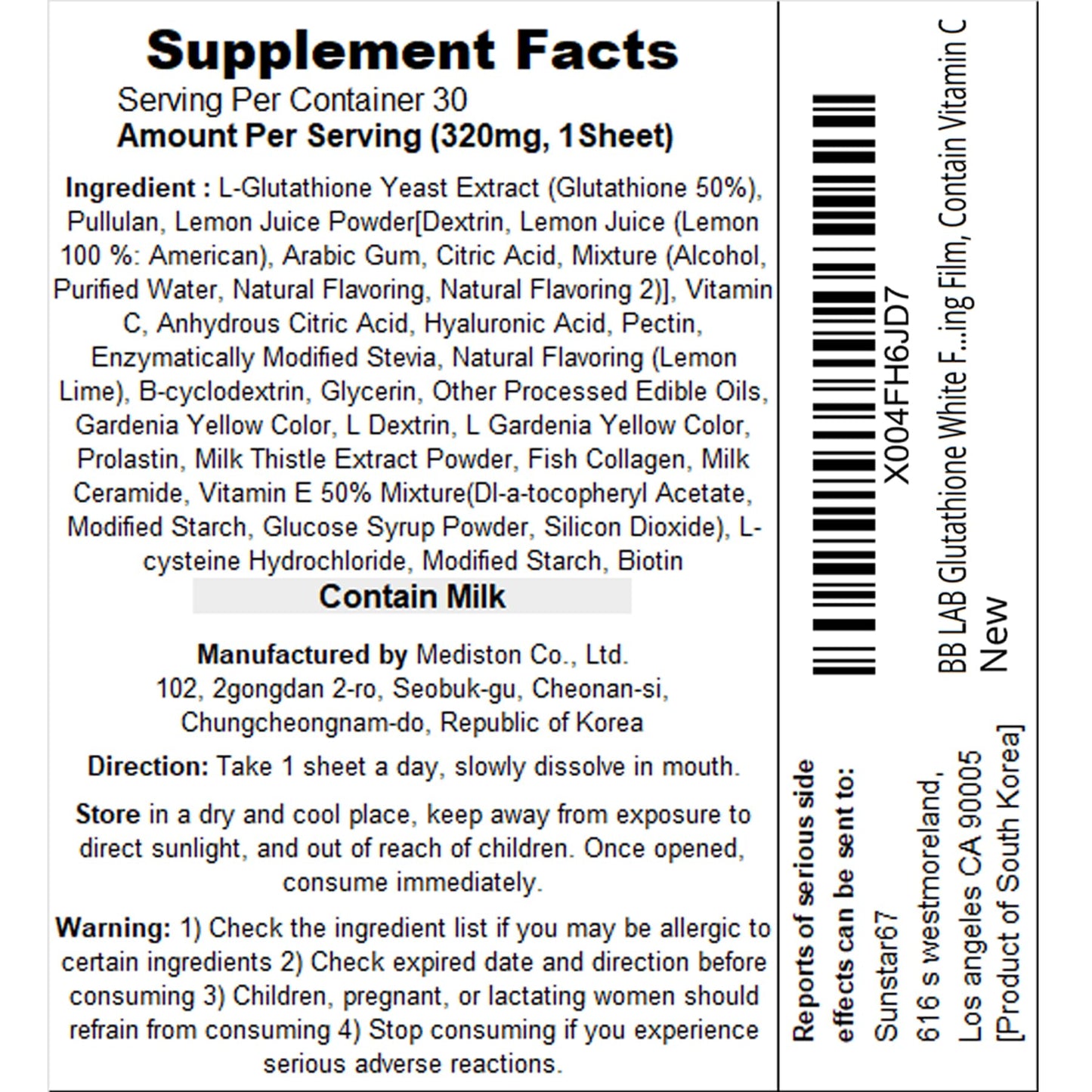 BB LAB Glutathione White Film 320mg Chewable 30 Count
