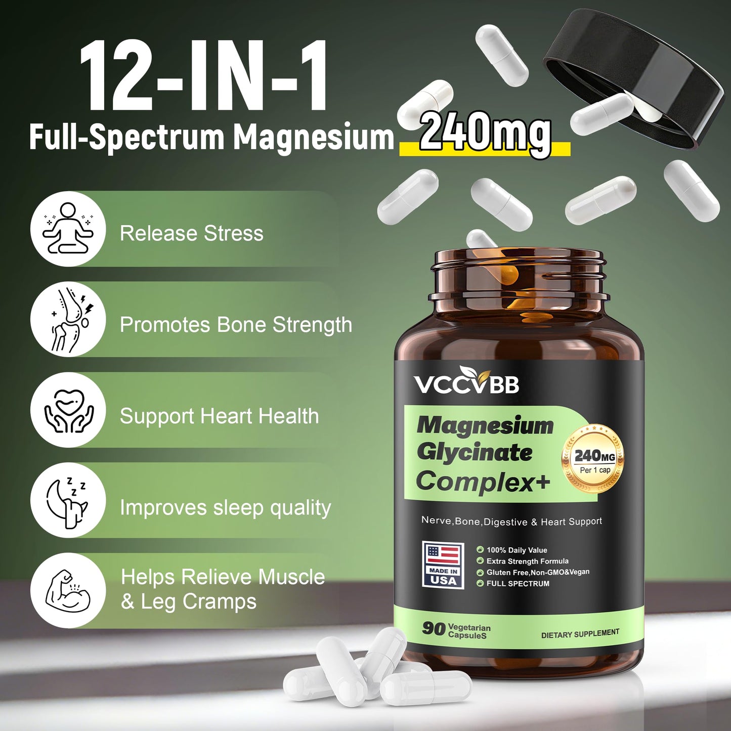 VCCVBB 12-in-1 Magnesium Complex, 240mg Magnesium Glycinate Capsules, 120 Count