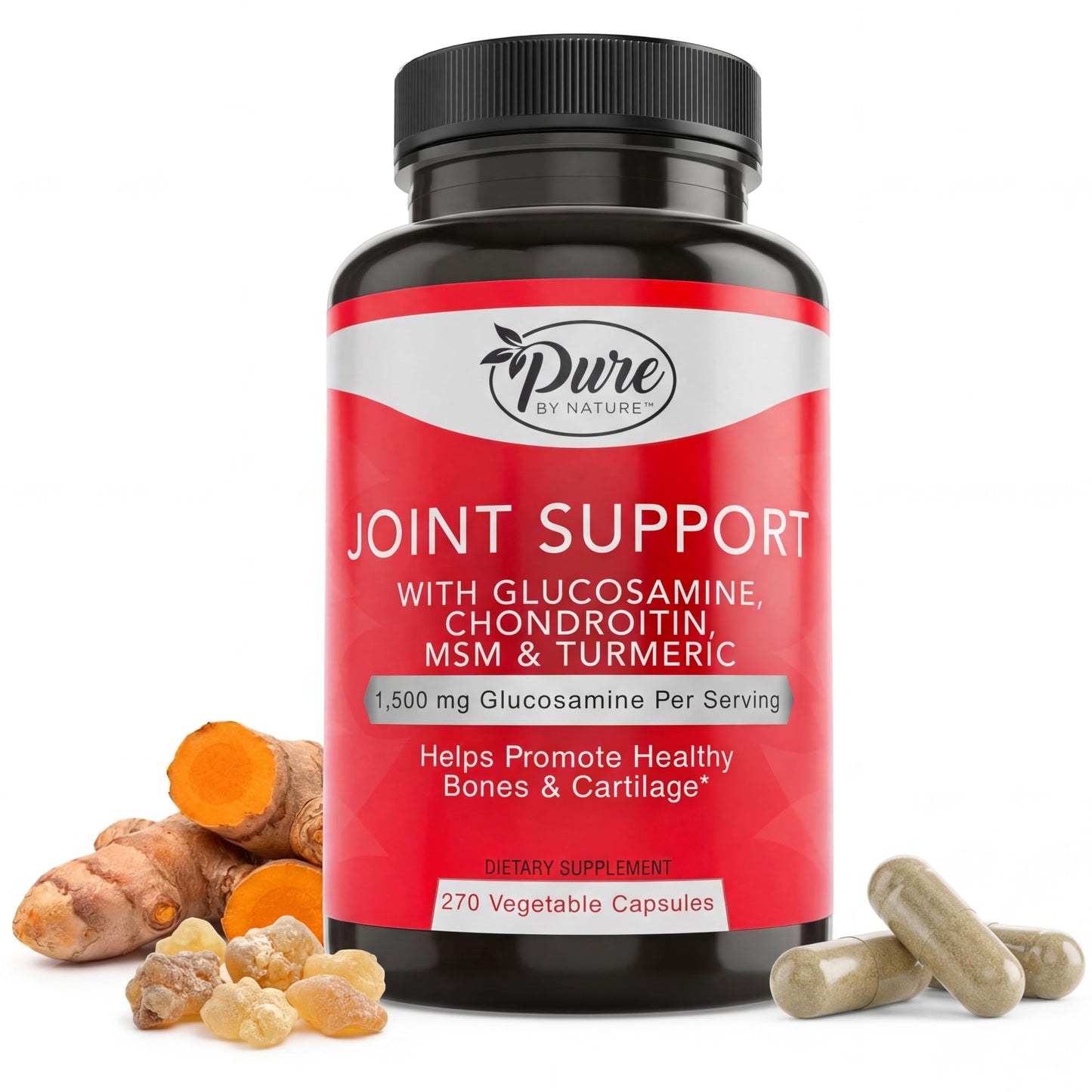 Pure By Nature Joint Support Glucosamine with Chondroitin Turmeric MSM Boswellia, 270 Capsules