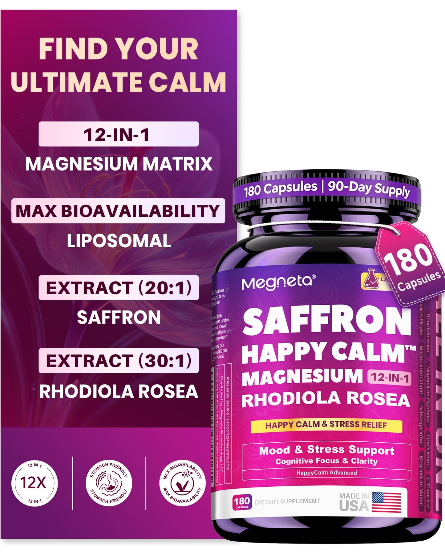 MEGNETA Liposomal Magnesium Complex 1000mg, Saffron Supplement for Women & Men, 180 Capsules
