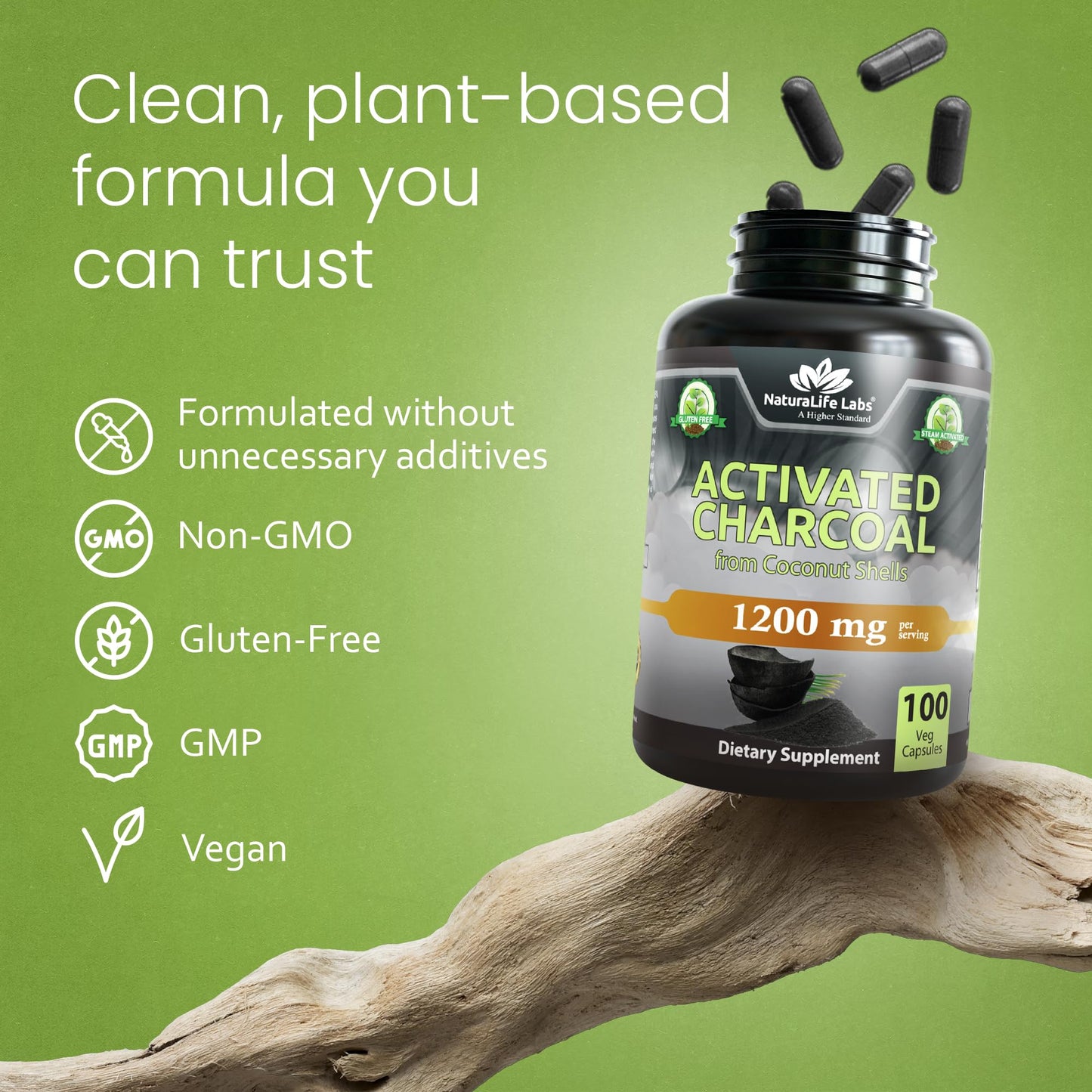 NaturaLife Labs Activated Charcoal 1200 mg per Serving from Coconut Shells Veg Capsules, 100 Count