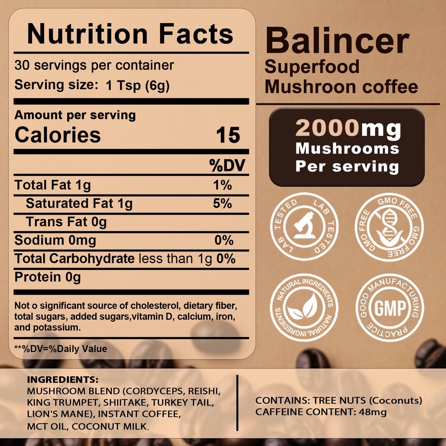 Balincer Mushroom Coffee Powder 6.35 Ounce - 6 Adaptogenic Mushrooms (Lion's Mane, Cordyceps, Turkey Tail & Other)