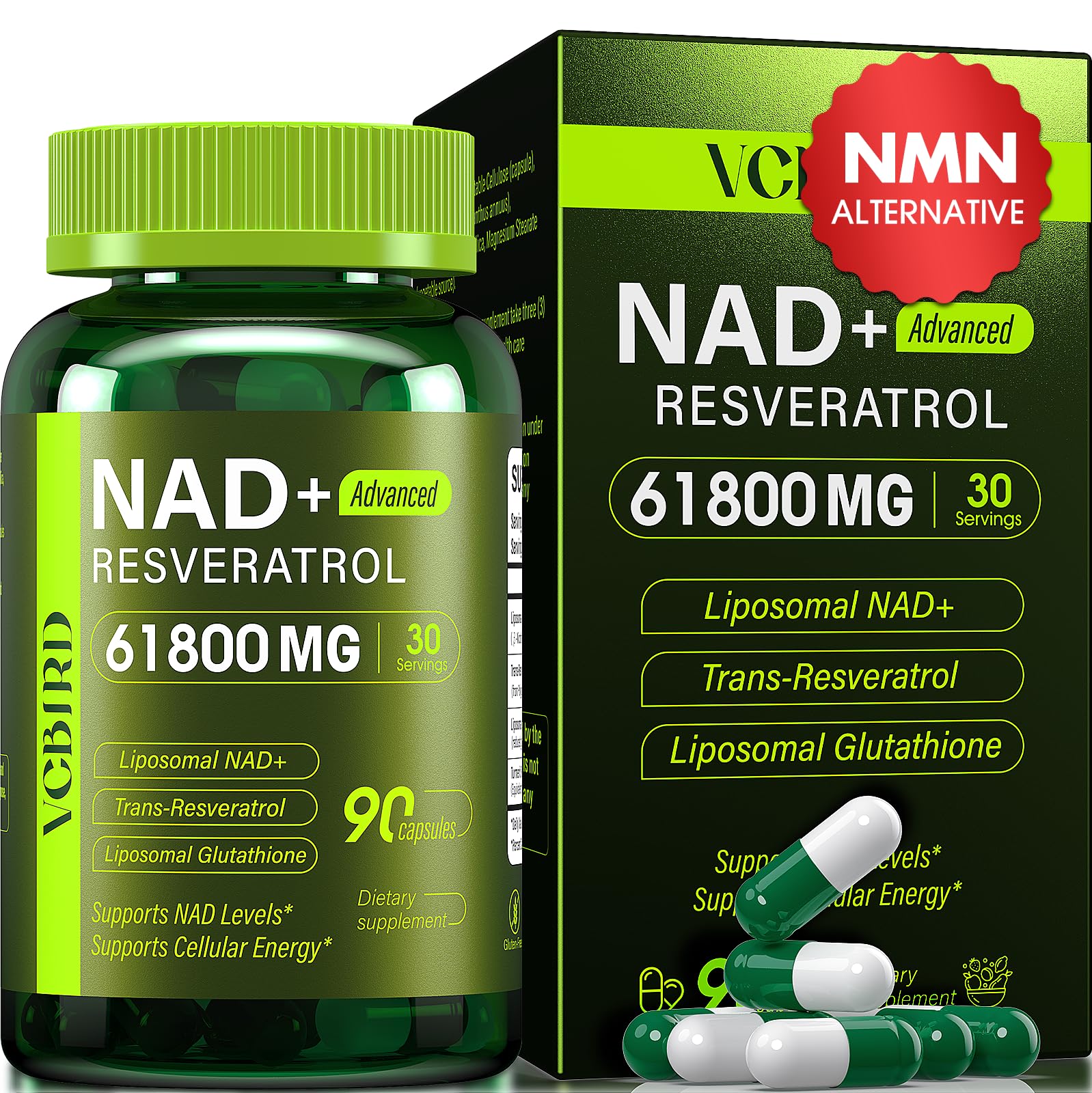 VCBIRD Liposomal NAD Supplement with Resveratrol 1200mg Per Serving – NAD Resveratrol for Women & Men – High Purity 1200mg NAD+ Supplement for Energy & Healthy Aging, Glutathione, Turmeric – 90 Capsules