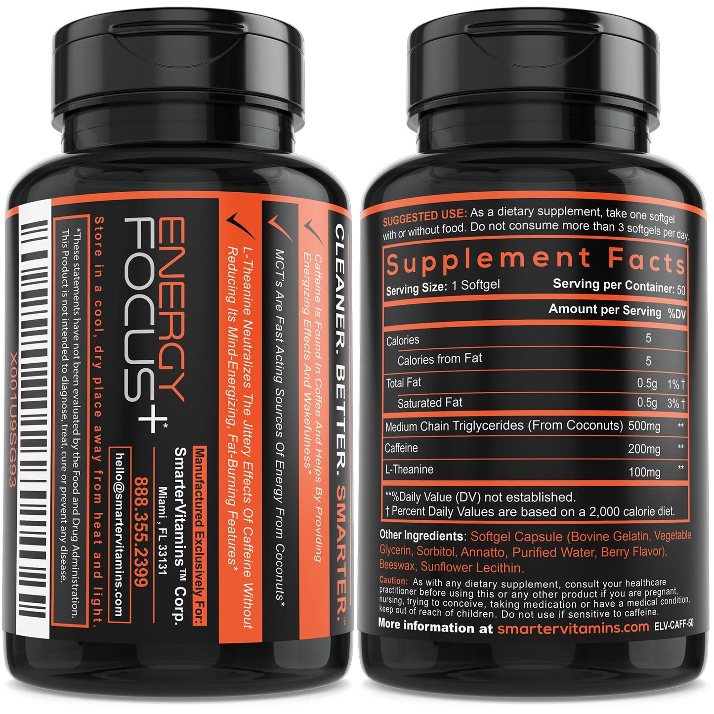 SmarterVitamins 200mg Caffeine + 100mg L-Theanine + Coconut MCT Oil Extended Release Softgels, Energy & Focus, 150 Count