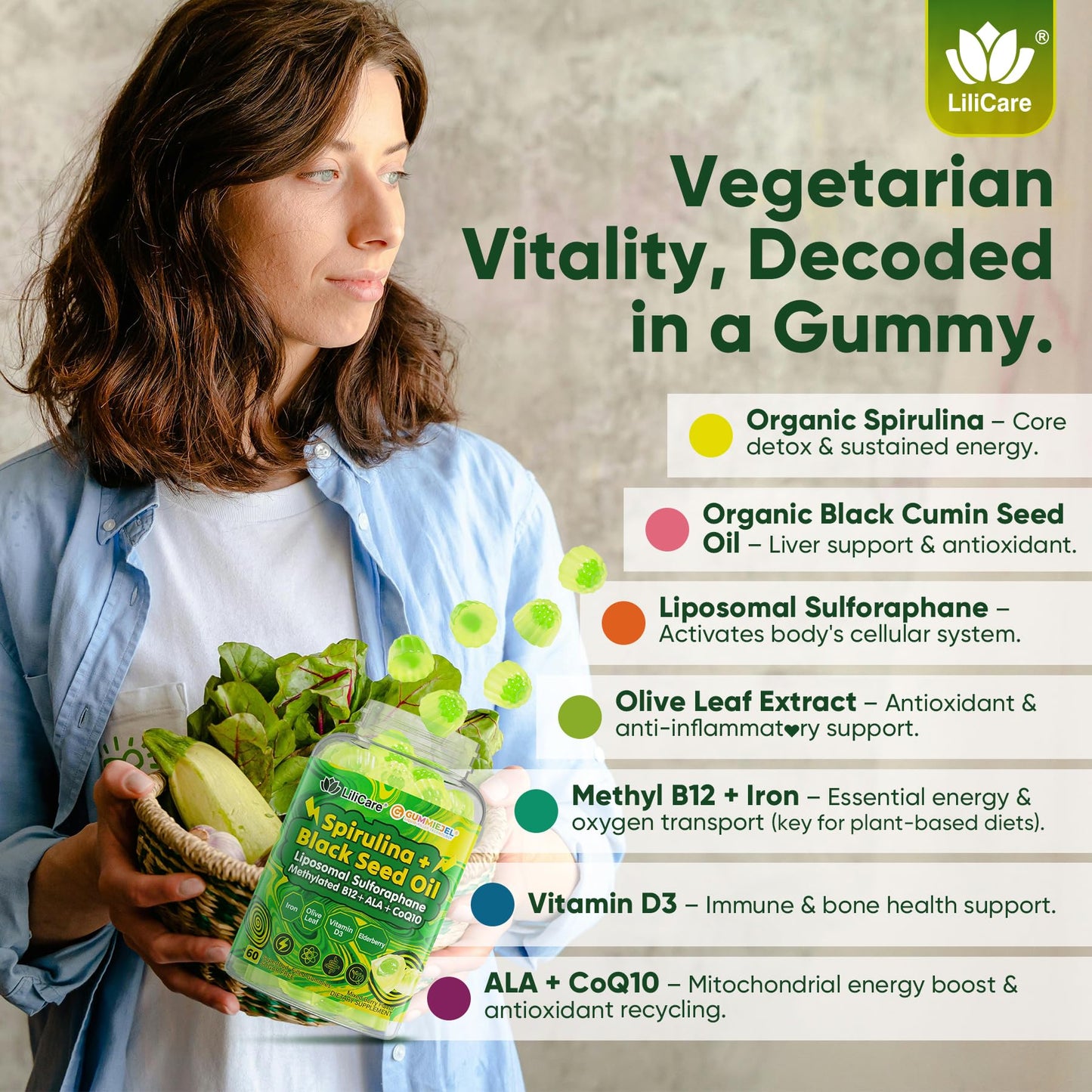 LILICARE Organic Spirulina + Black Seed Oil Gummies 60 Count