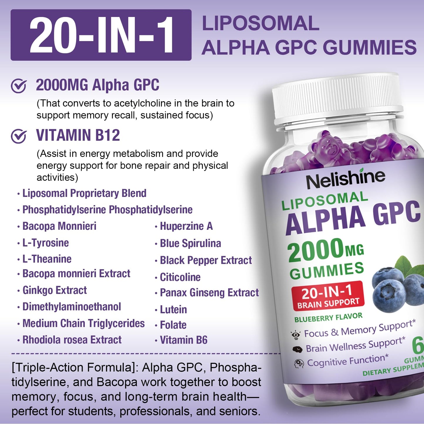 Nelishine Liposomal Alpha GPC 2000mg & Citicoline Gummies Complex, 20-in-1 Blend for Focus, Memory & Cognitive Support, 60 Gummies