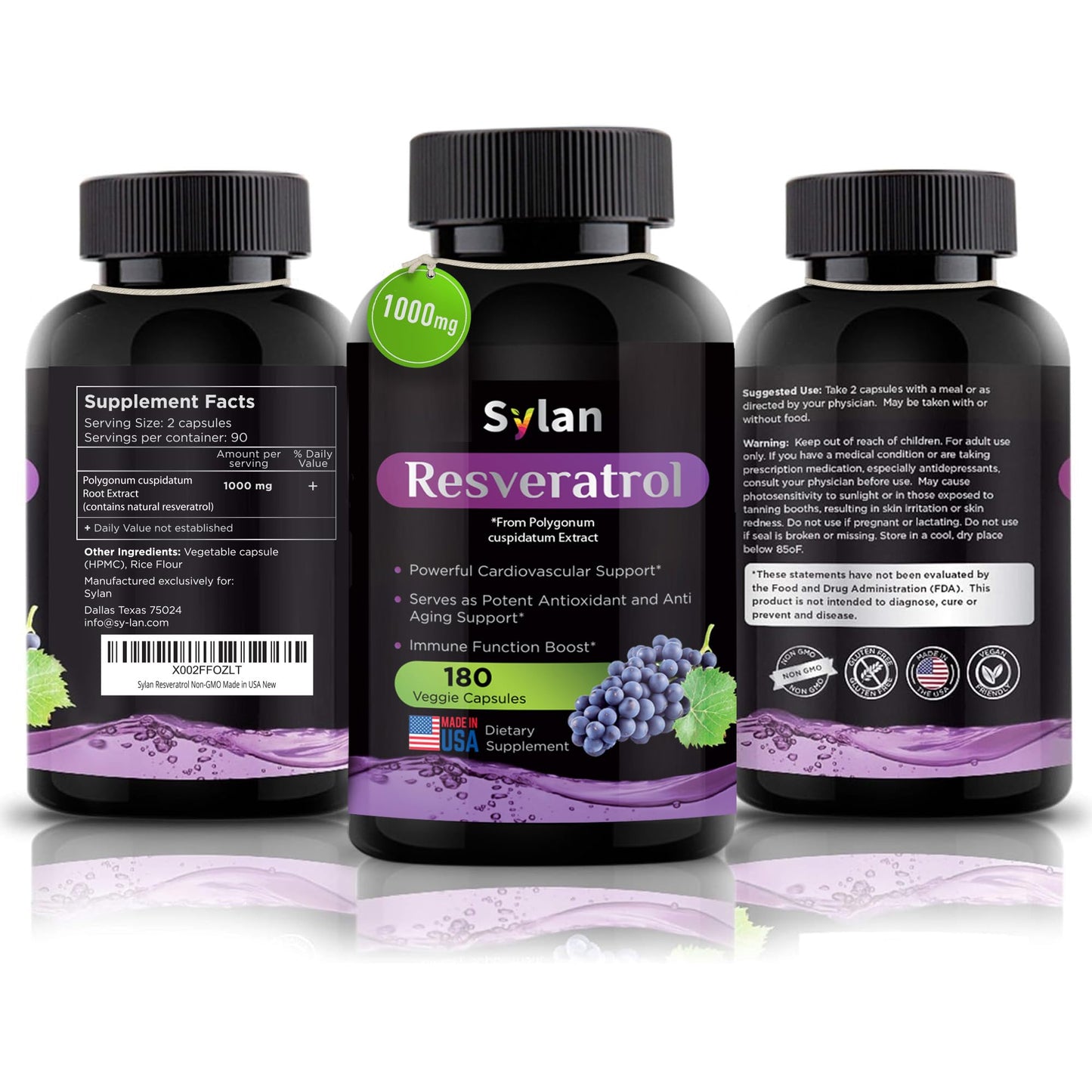 SYLAN Resveratrol Supplement 1000mg, 180 Veggie Capsules