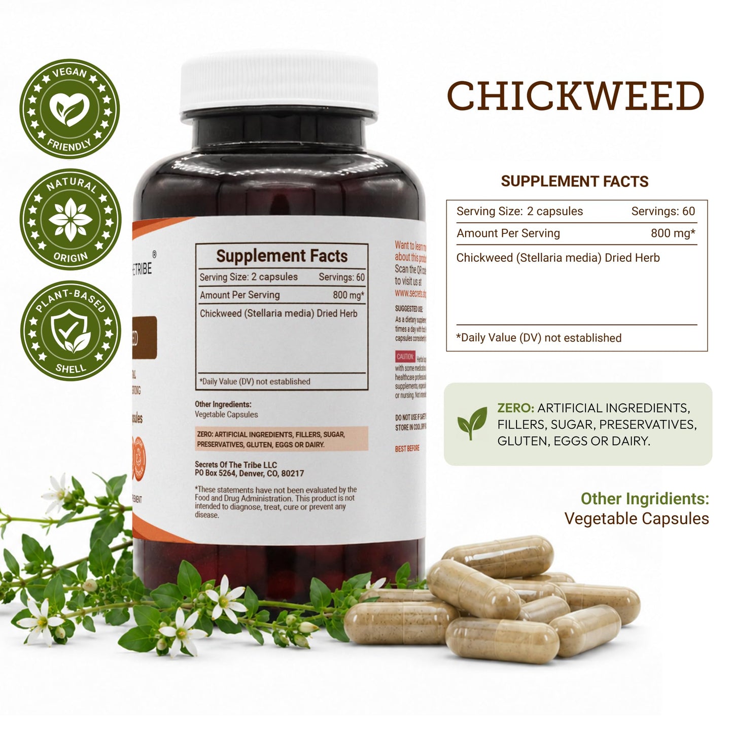 Secrets of the Tribe Chickweed 800 mg Vegetable Capsules, 120 Count