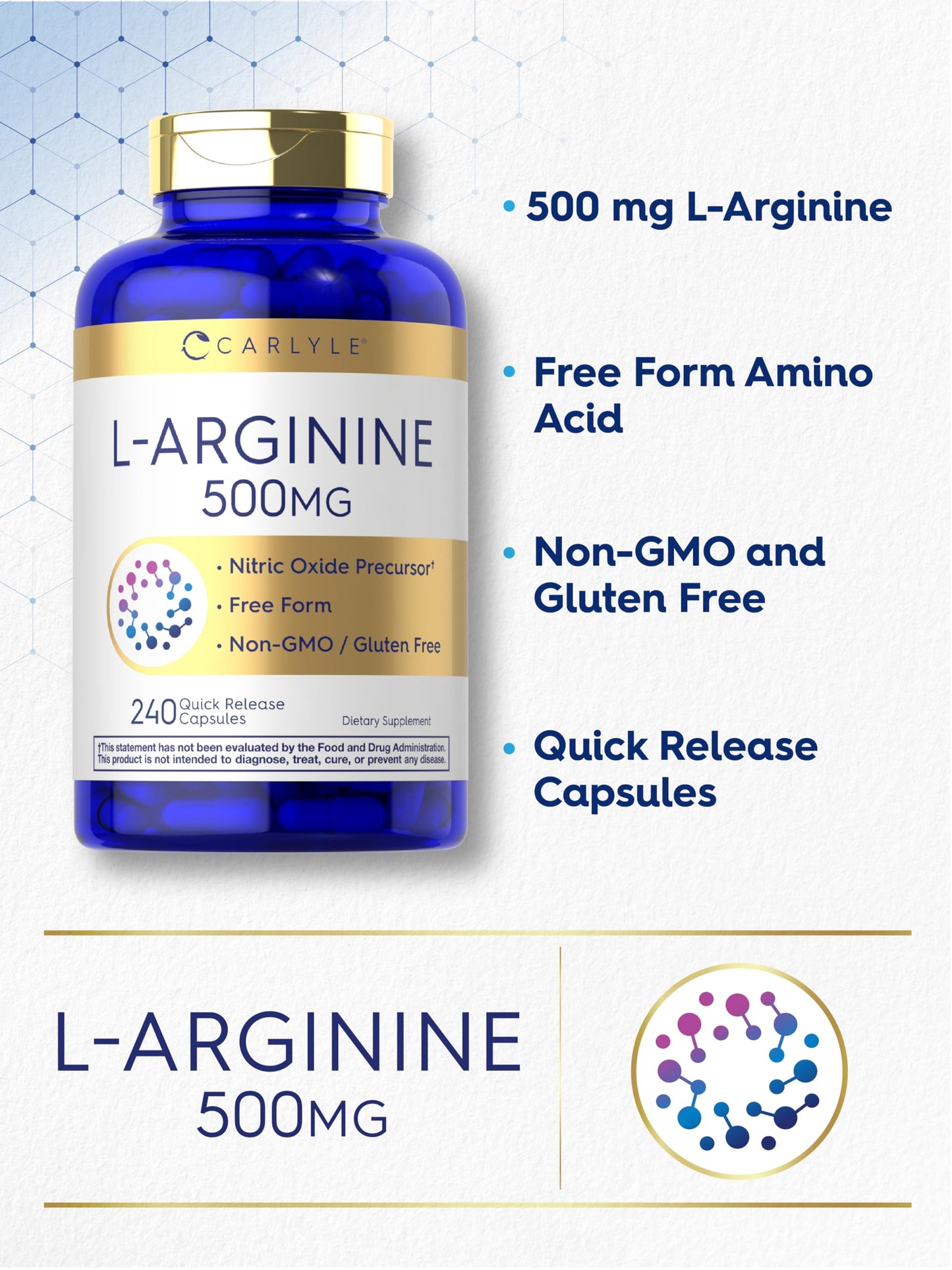 Carlyle L-Arginine 500 mg Nitric Oxide Precursor Capsule, 240 Count
