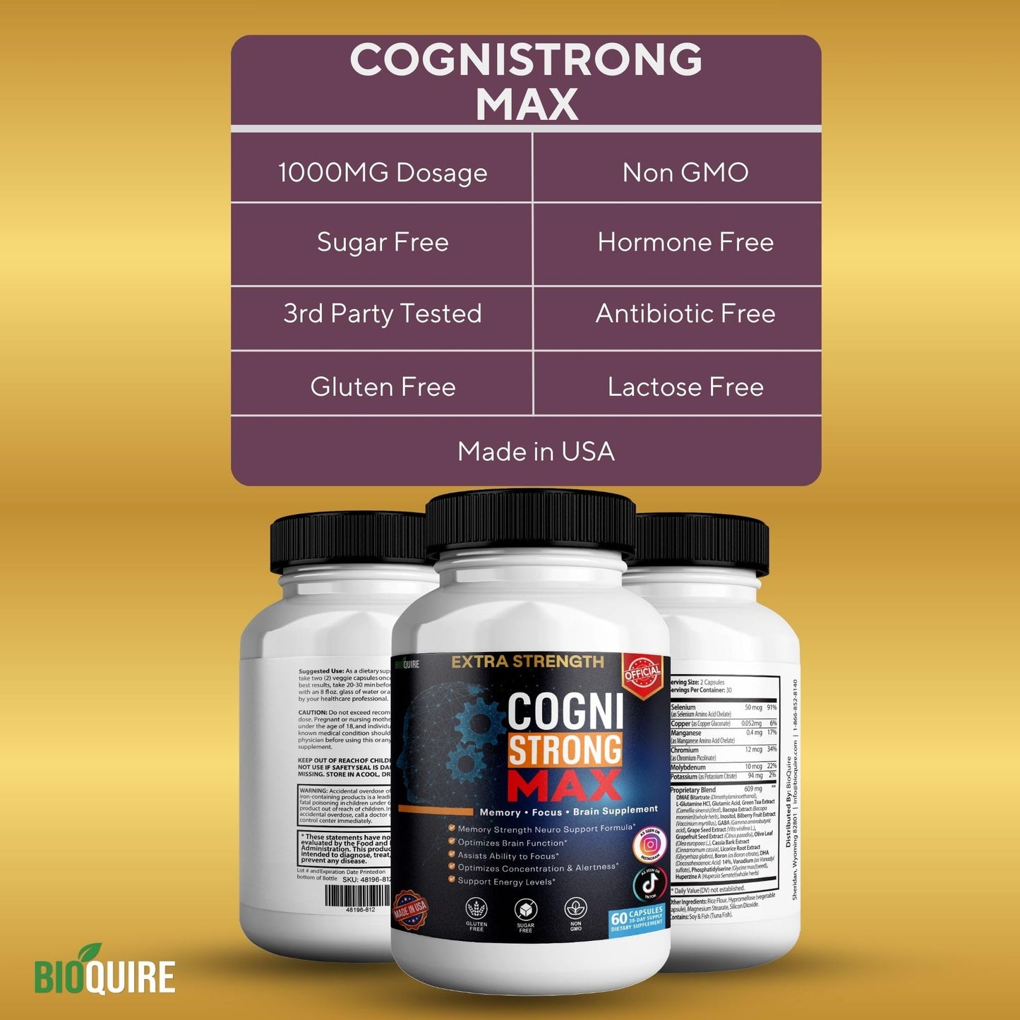 BIOQUIRE CogniStrong Max Extra Strength Memory and Focus Supplement, 60 Capsules